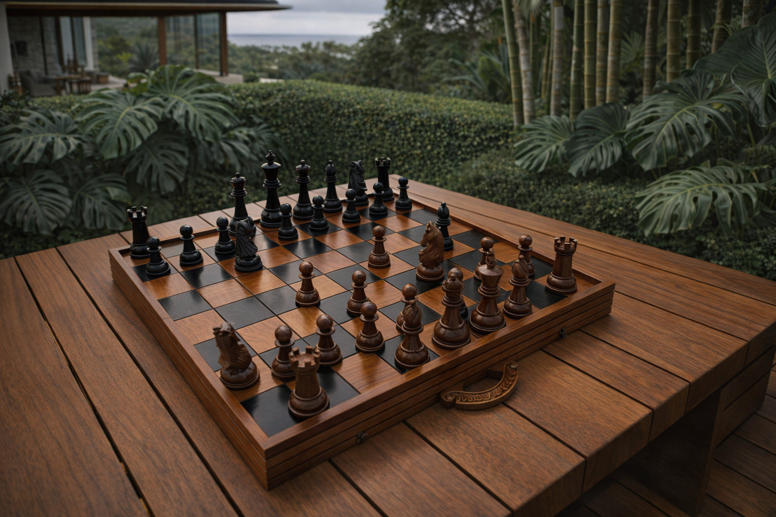 Elegant Outdoor Chess Collection oversized outdoor chess set in luxury tropical resort environment
