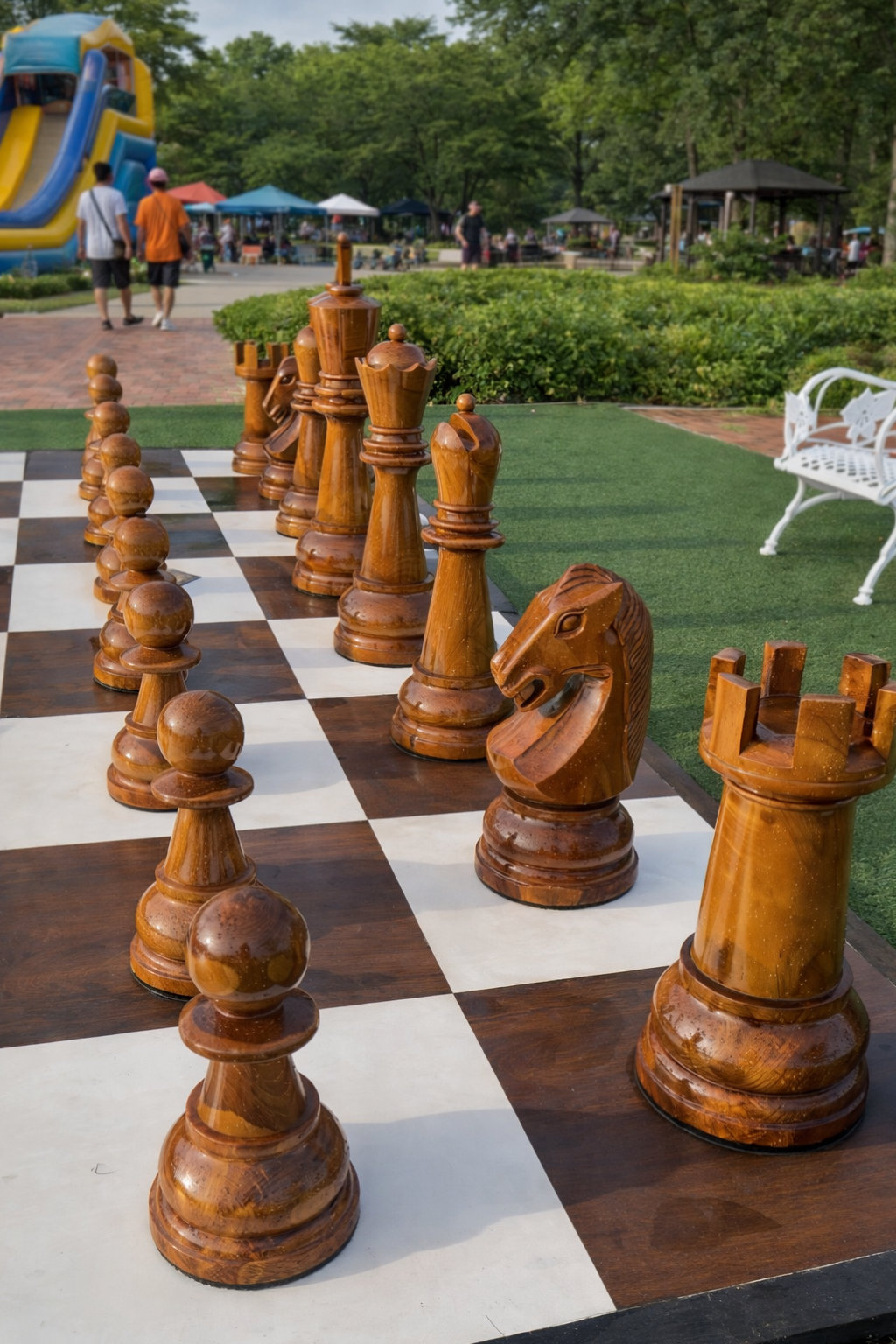 Elegant Outdoor Chess Collection oversized outdoor chess set in luxury tropical resort environment