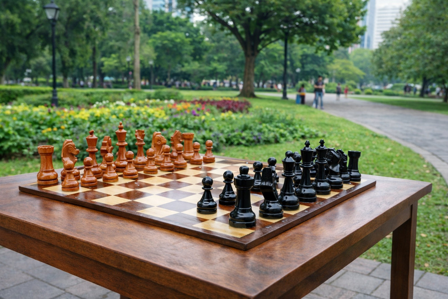 Elegant Outdoor Chess Collection oversized outdoor chess set in luxury tropical resort environment
