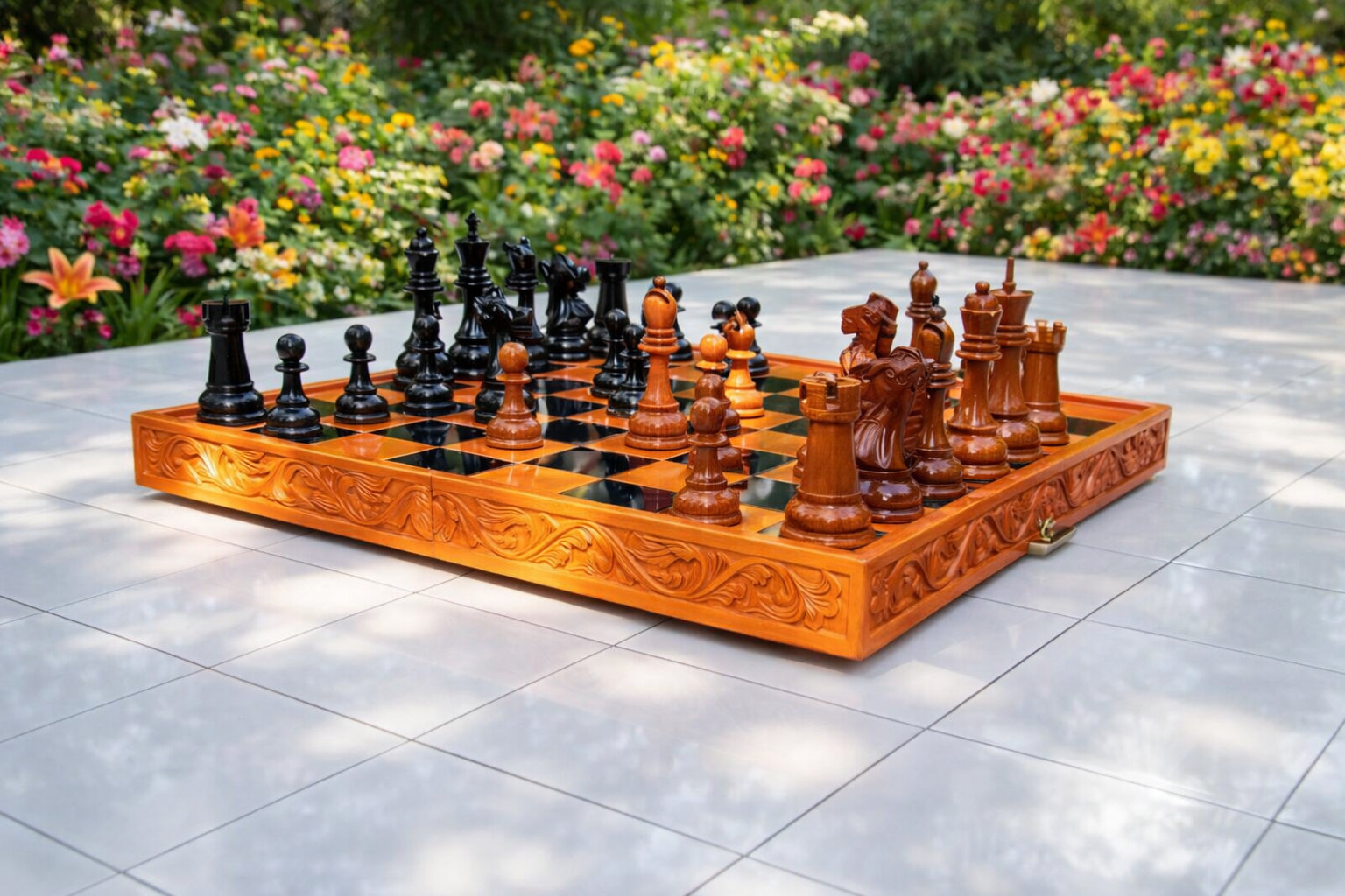 Tropical Giant Chess Escape oversized outdoor chess set in luxury tropical resort environment