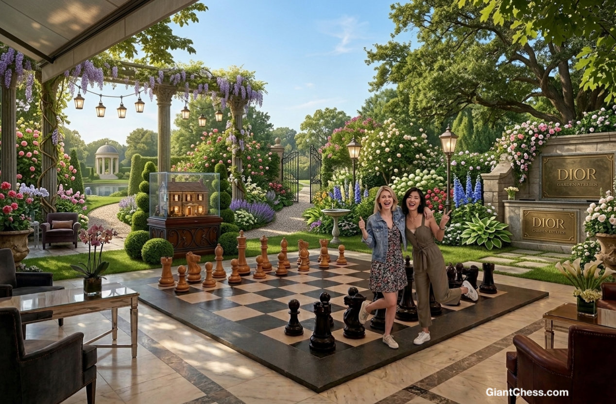 Modern Luxury Chess Lifestyle oversized outdoor chess set in luxury tropical resort environment