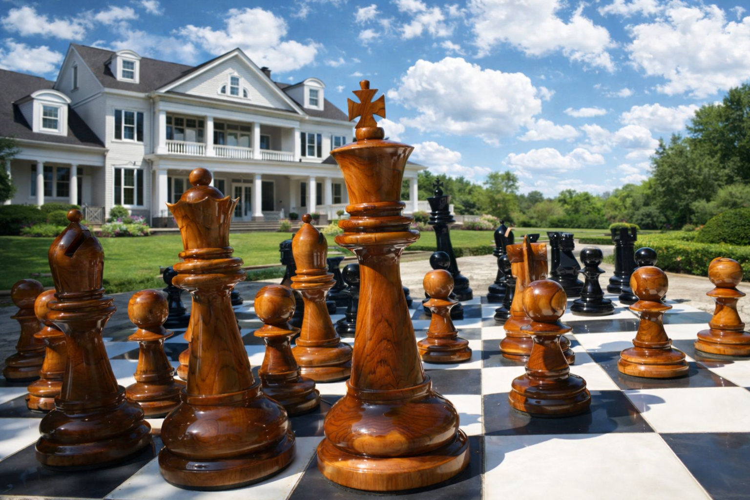 Tropical Giant Chess Escape oversized outdoor chess set in luxury tropical resort environment