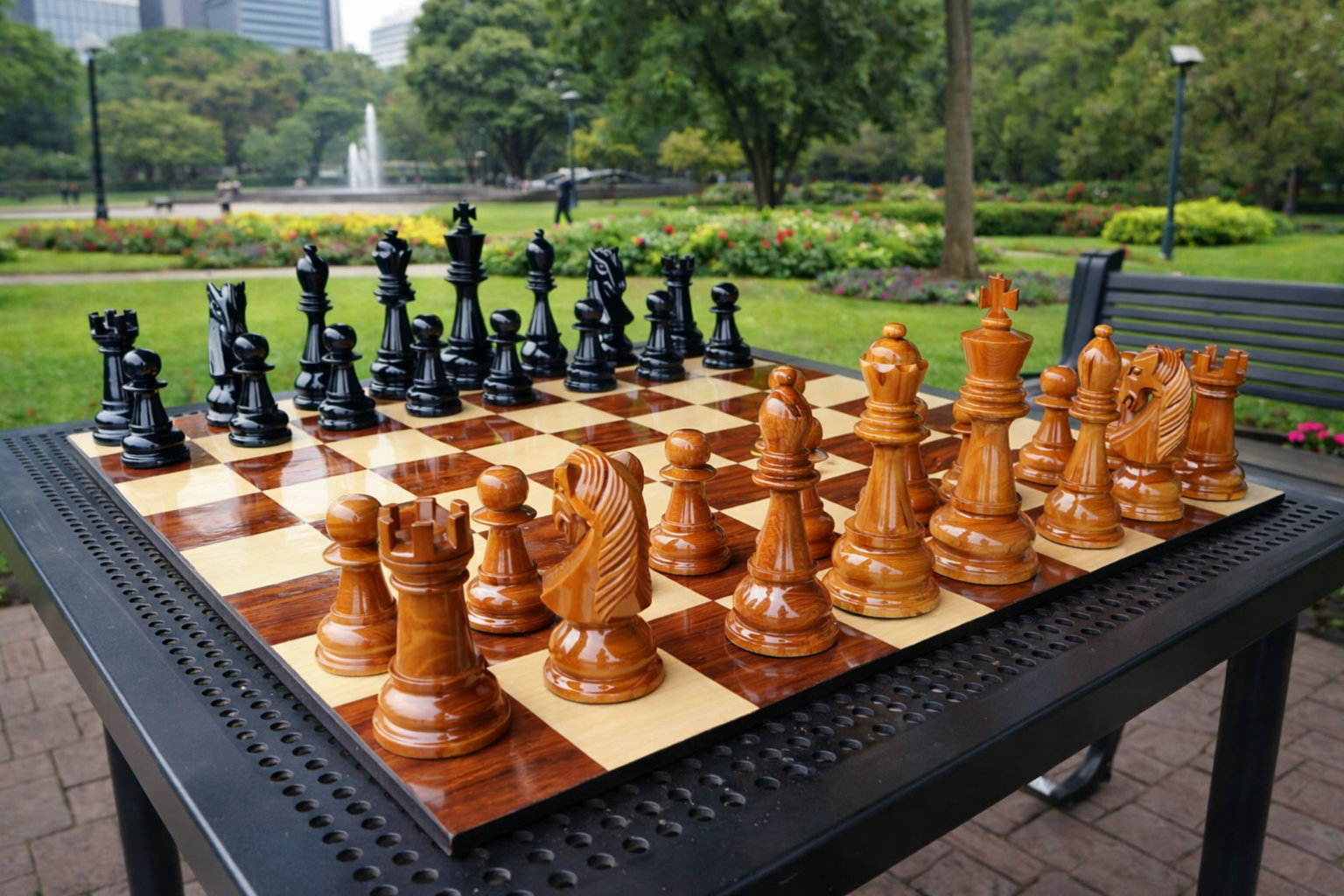 Premium Garden Chess Installation oversized outdoor chess set in luxury tropical resort environment