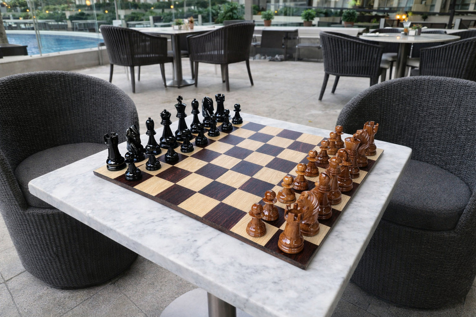 Handcrafted Giant Chess Showcase oversized outdoor chess set in luxury tropical resort environment