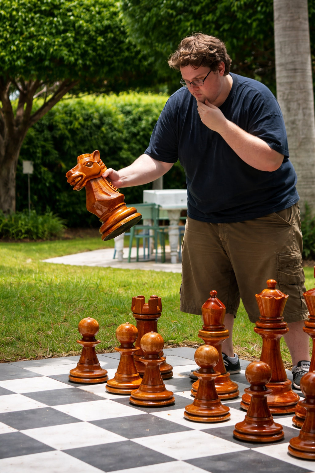 Modern Luxury Chess Lifestyle oversized outdoor chess set in luxury tropical resort environment