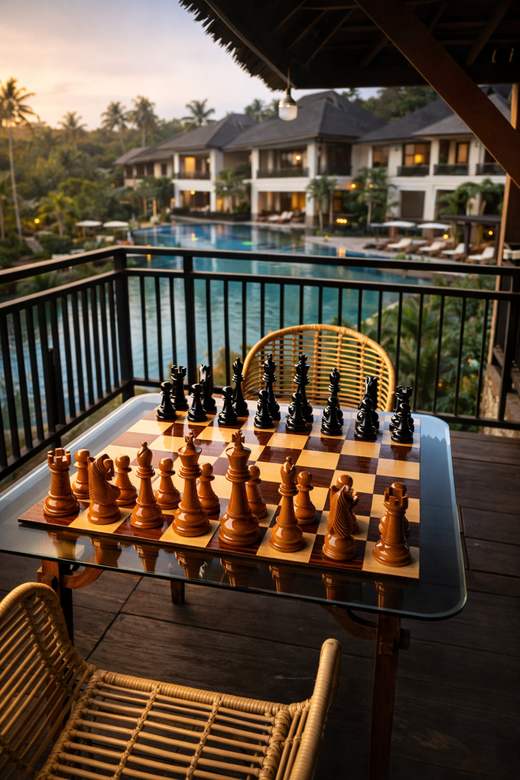 Handcrafted Giant Chess Showcase oversized outdoor chess set in luxury tropical resort environment