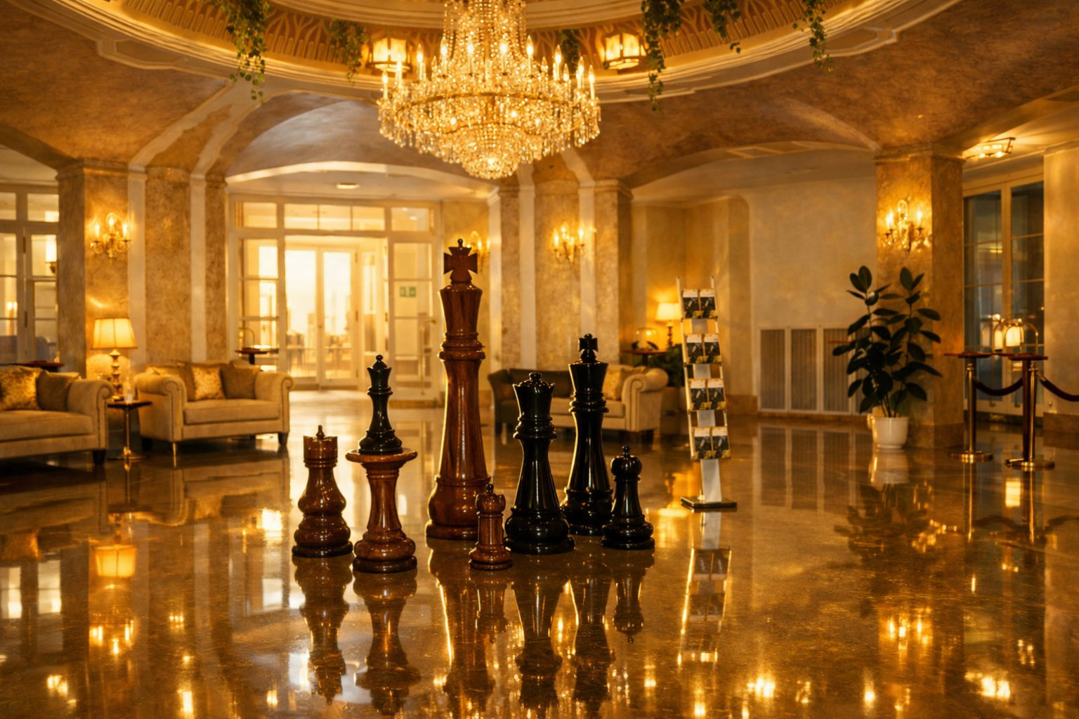 Premium Garden Chess Installation oversized outdoor chess set in luxury tropical resort environment