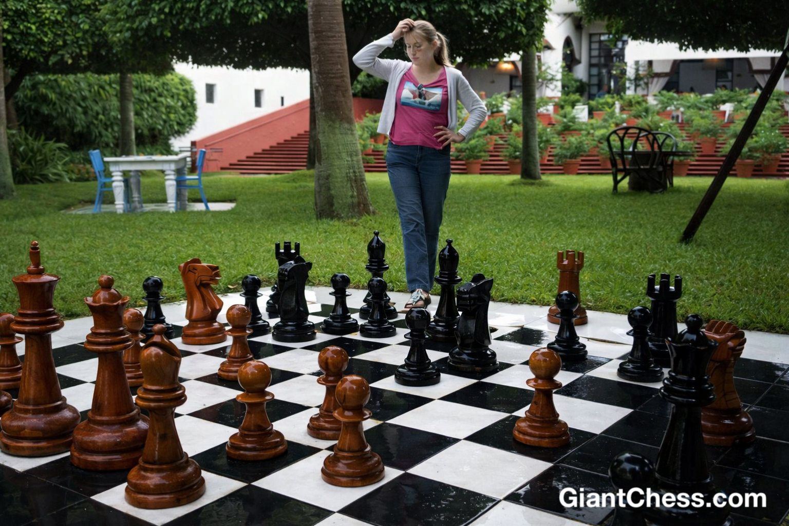 Tropical Giant Chess Escape oversized outdoor chess set in luxury tropical resort environment