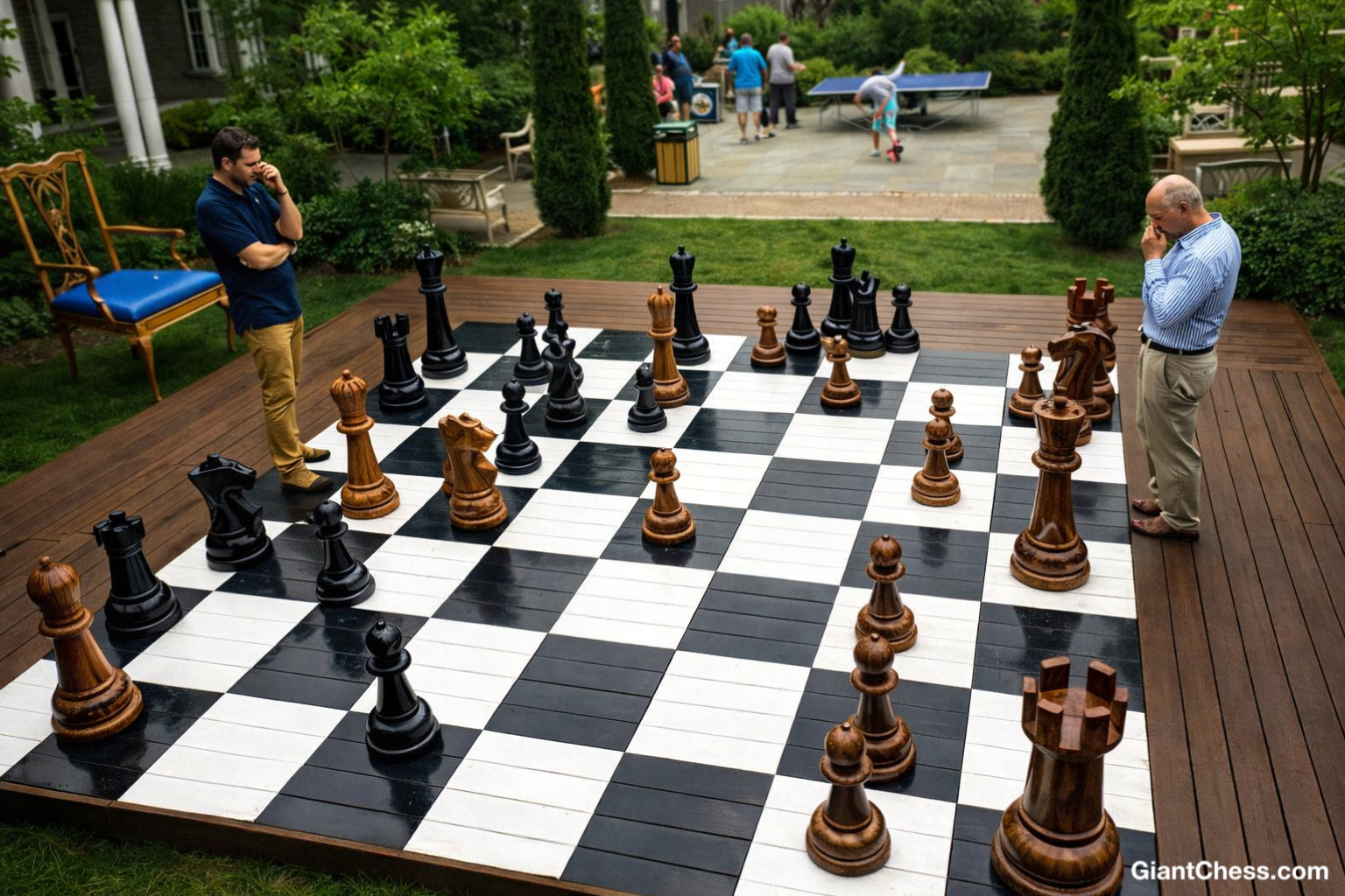 Exclusive Giant Chess Gallery oversized outdoor chess set in luxury tropical resort environment