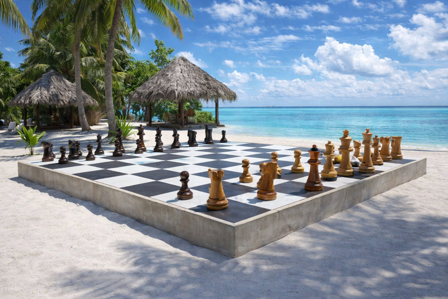 Modern Luxury Chess Lifestyle oversized outdoor chess set in luxury tropical resort environment