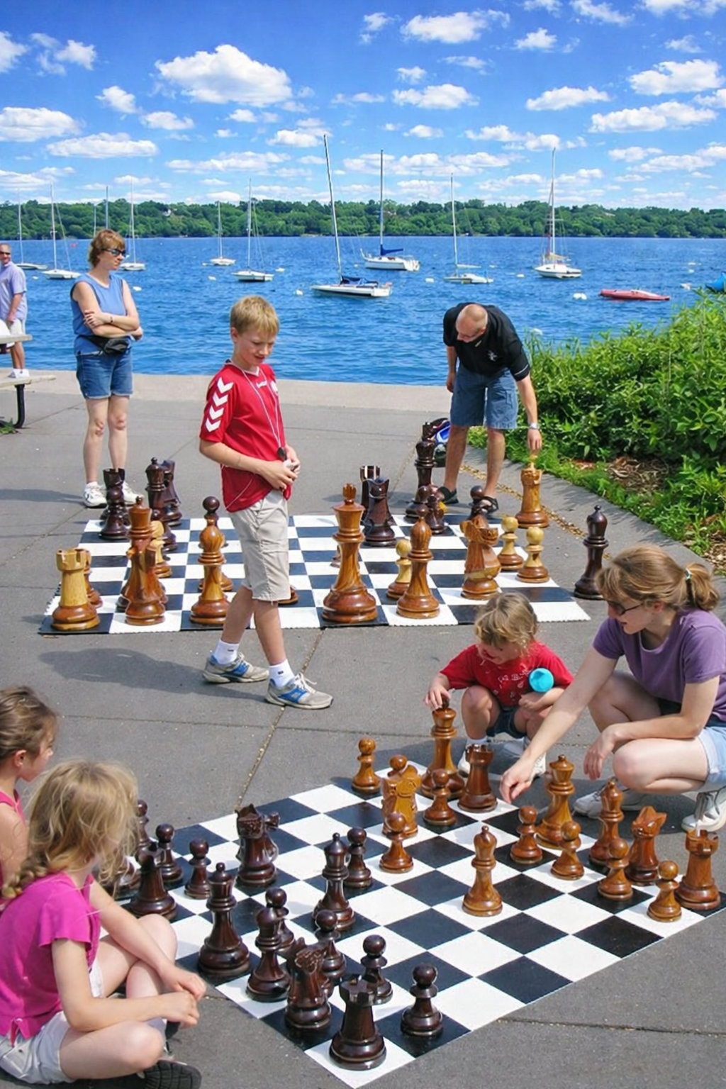 Elegant Outdoor Chess Collection oversized outdoor chess set in luxury tropical resort environment
