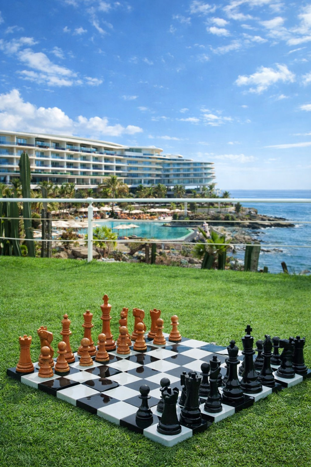 Architectural Giant Chess Design oversized outdoor chess set in luxury tropical resort environment