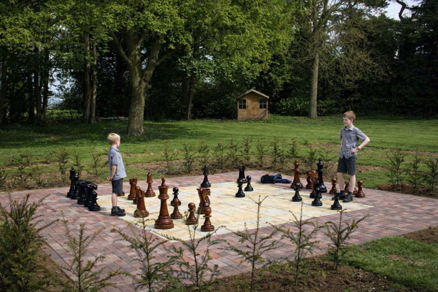 Tropical Giant Chess Escape oversized outdoor chess set in luxury tropical resort environment