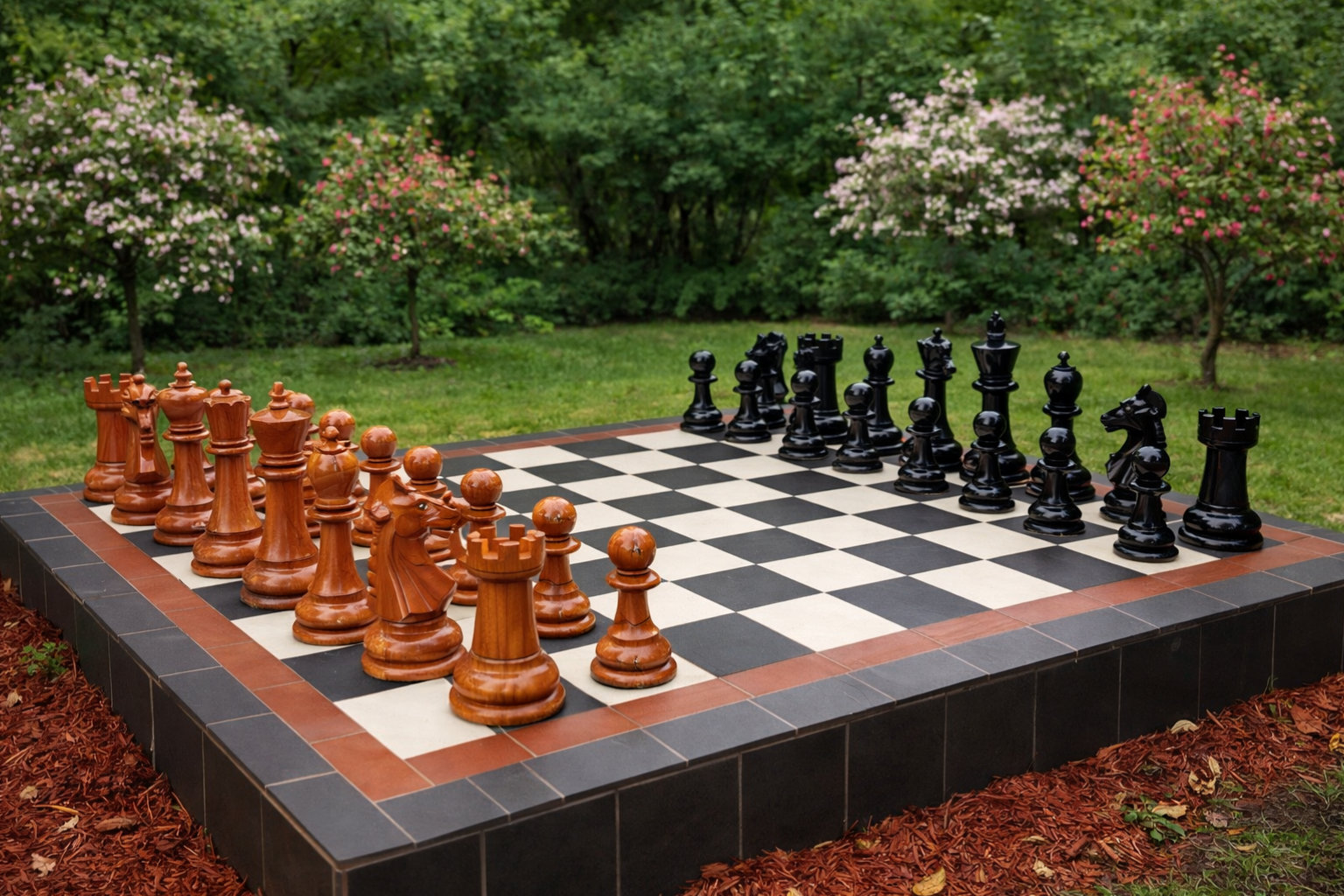 Tropical Giant Chess Escape oversized outdoor chess set in luxury tropical resort environment