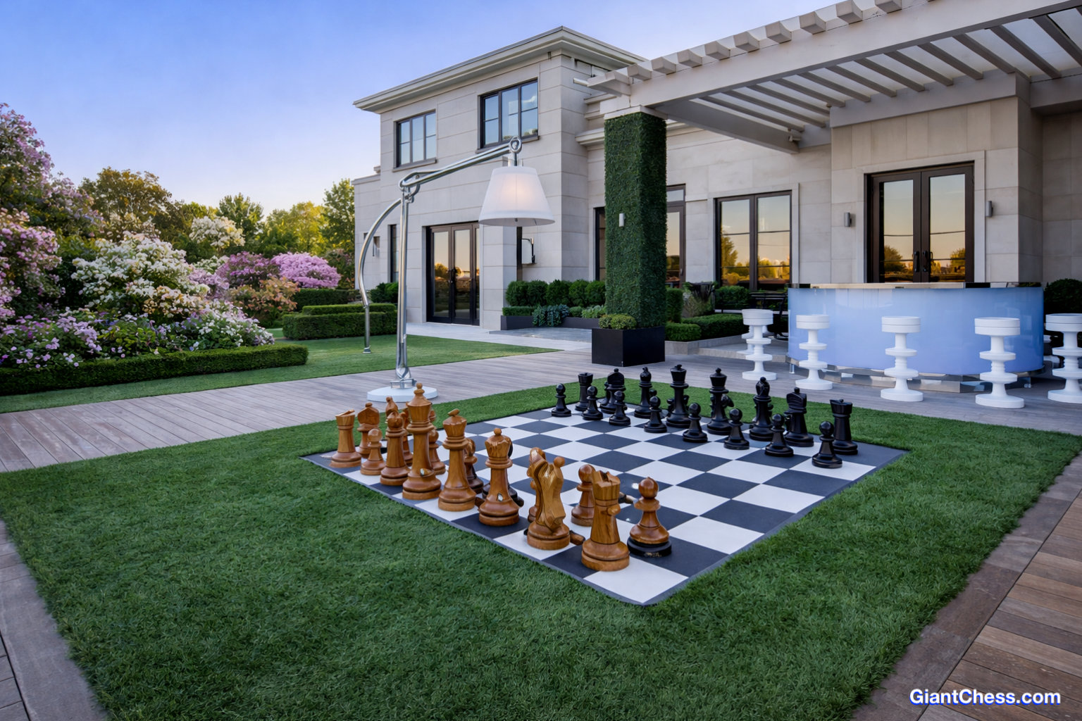 Modern Luxury Chess Lifestyle oversized outdoor chess set in luxury tropical resort environment