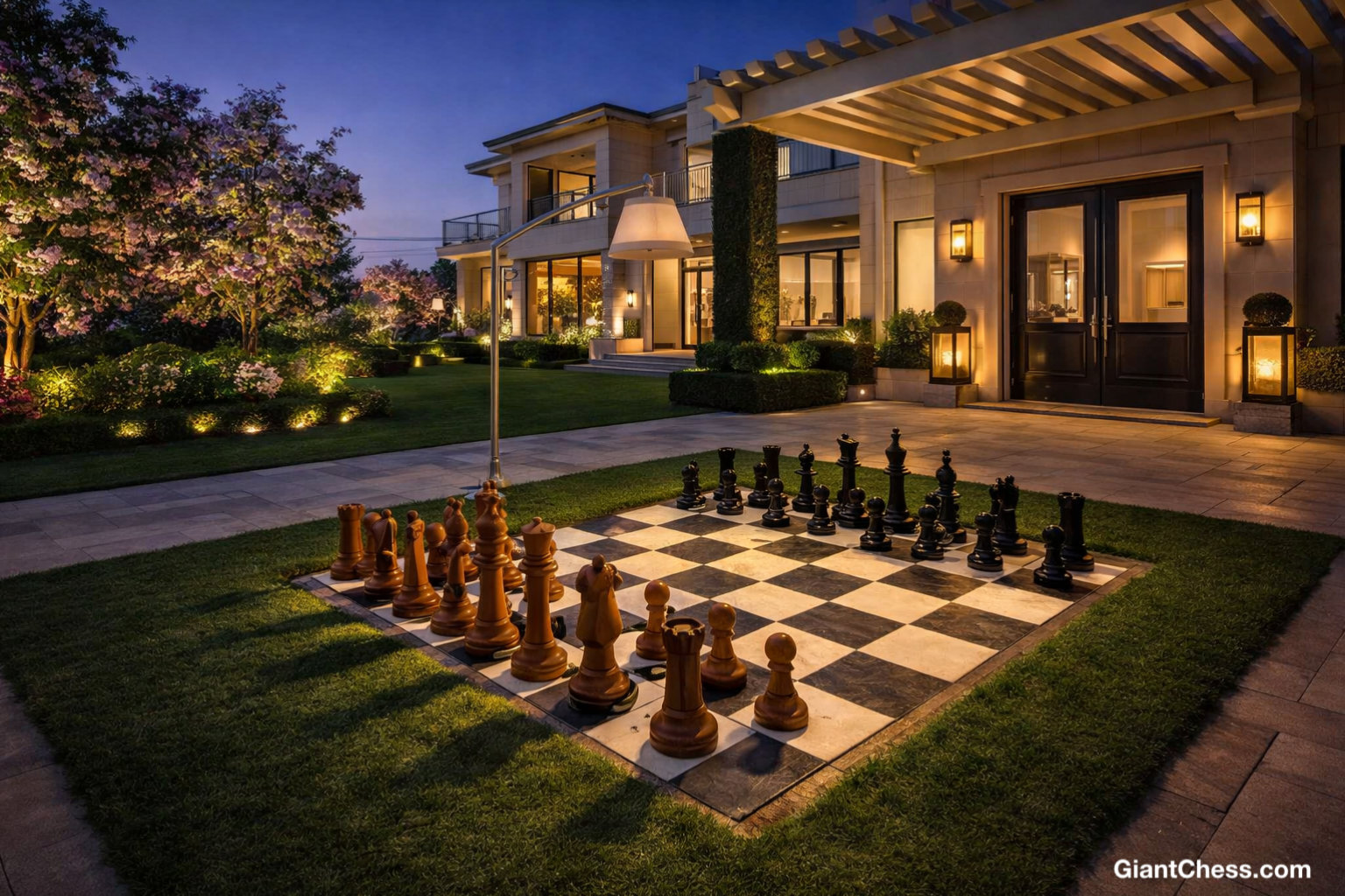 Premium Garden Chess Installation oversized outdoor chess set in luxury tropical resort environment
