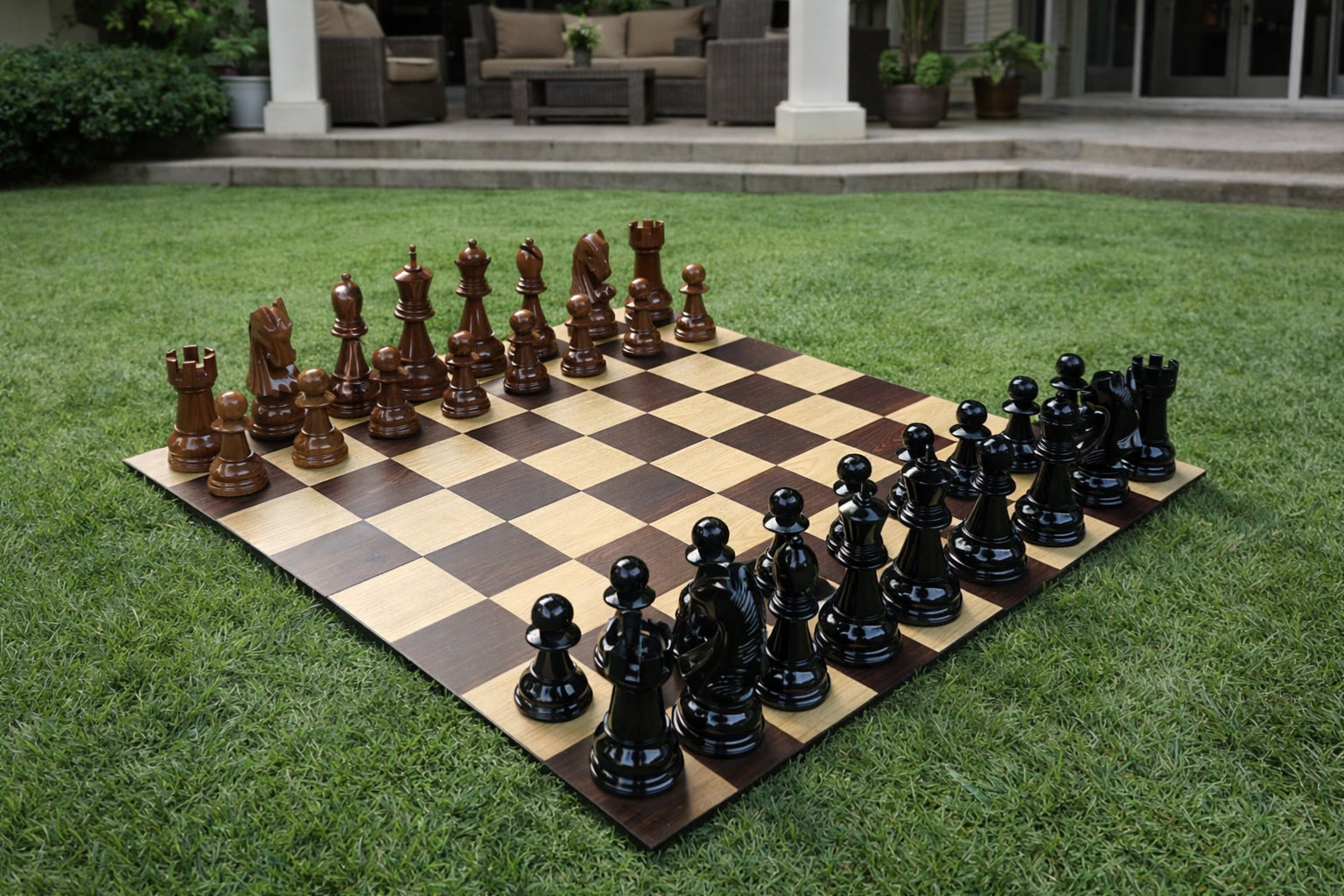Elegant Outdoor Chess Collection oversized outdoor chess set in luxury tropical resort environment