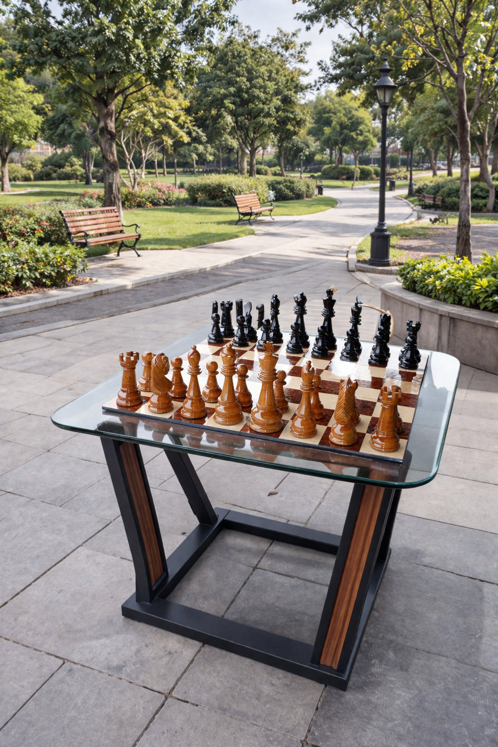 Handcrafted Giant Chess Showcase oversized outdoor chess set in luxury tropical resort environment