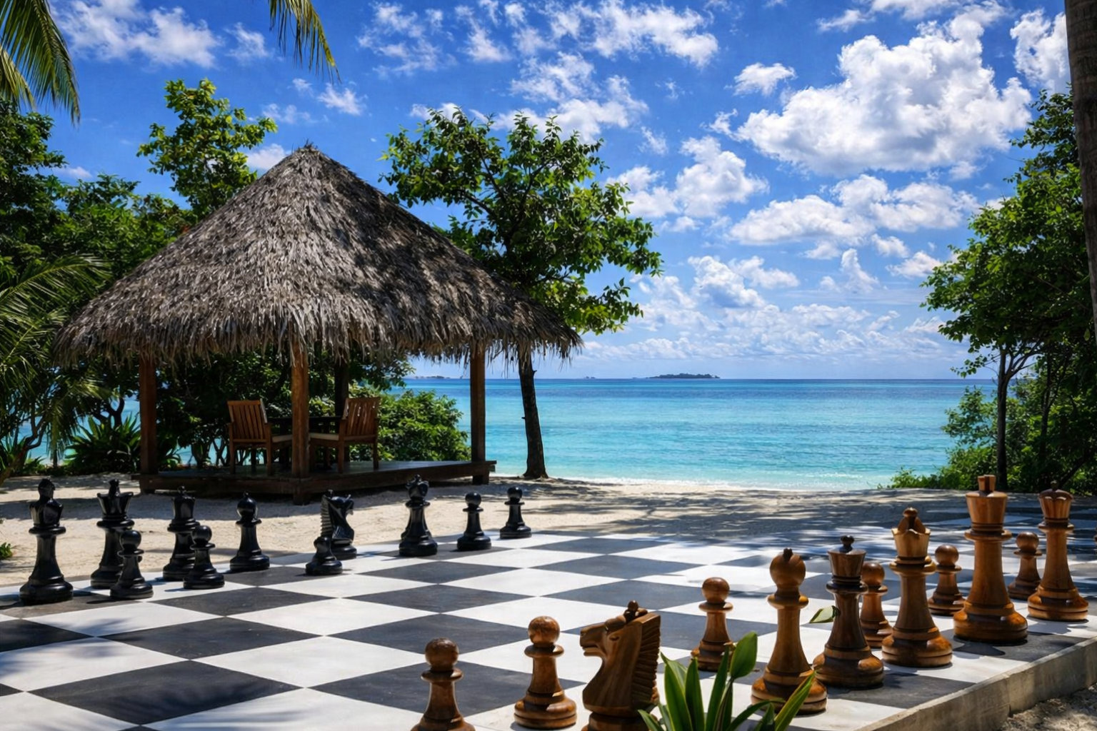 Handcrafted Giant Chess Showcase oversized outdoor chess set in luxury tropical resort environment