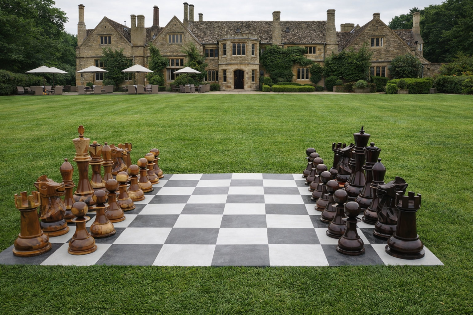 Architectural Giant Chess Design oversized outdoor chess set in luxury tropical resort environment