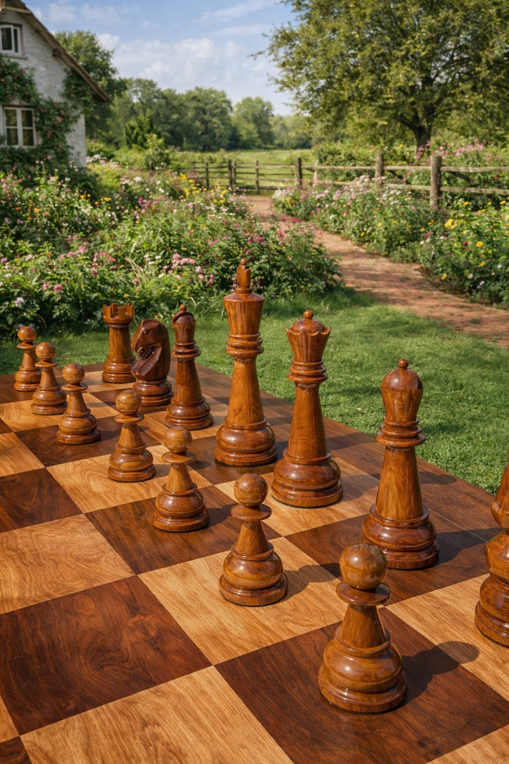 Elegant Outdoor Chess Collection oversized outdoor chess set in luxury tropical resort environment