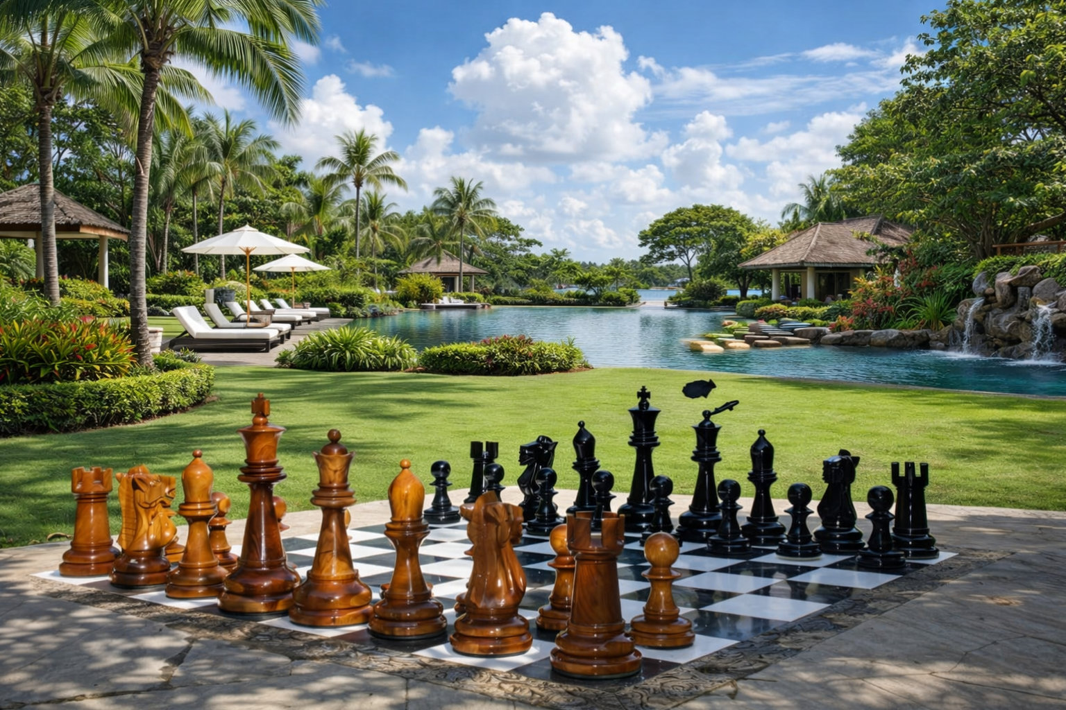 Architectural Giant Chess Design oversized outdoor chess set in luxury tropical resort environment