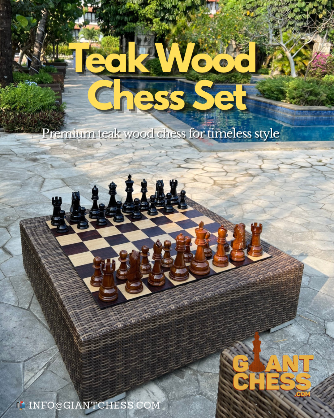 Elegant Outdoor Chess Collection oversized outdoor chess set in luxury tropical resort environment