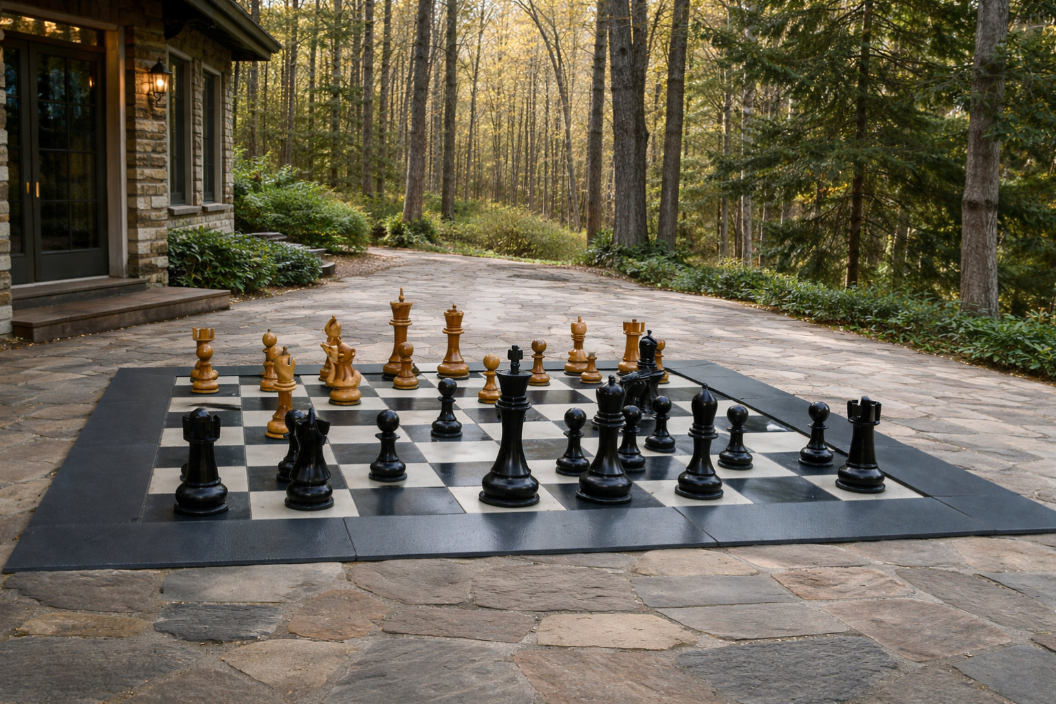 Exclusive Giant Chess Gallery oversized outdoor chess set in luxury tropical resort environment