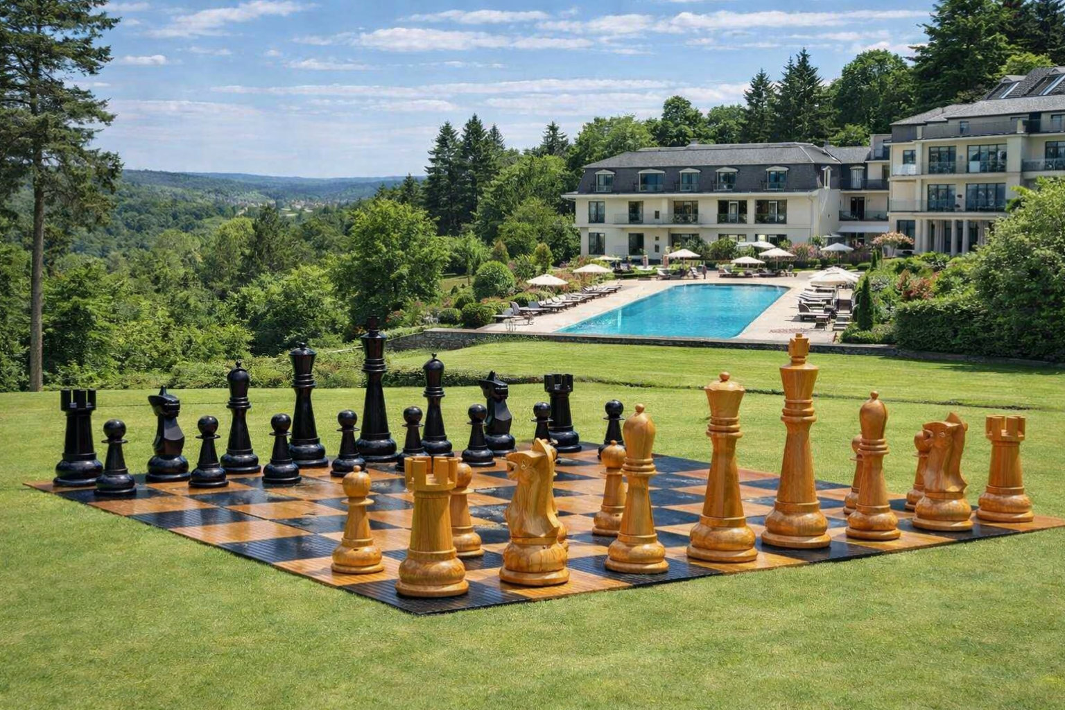 Architectural Giant Chess Design oversized outdoor chess set in luxury tropical resort environment