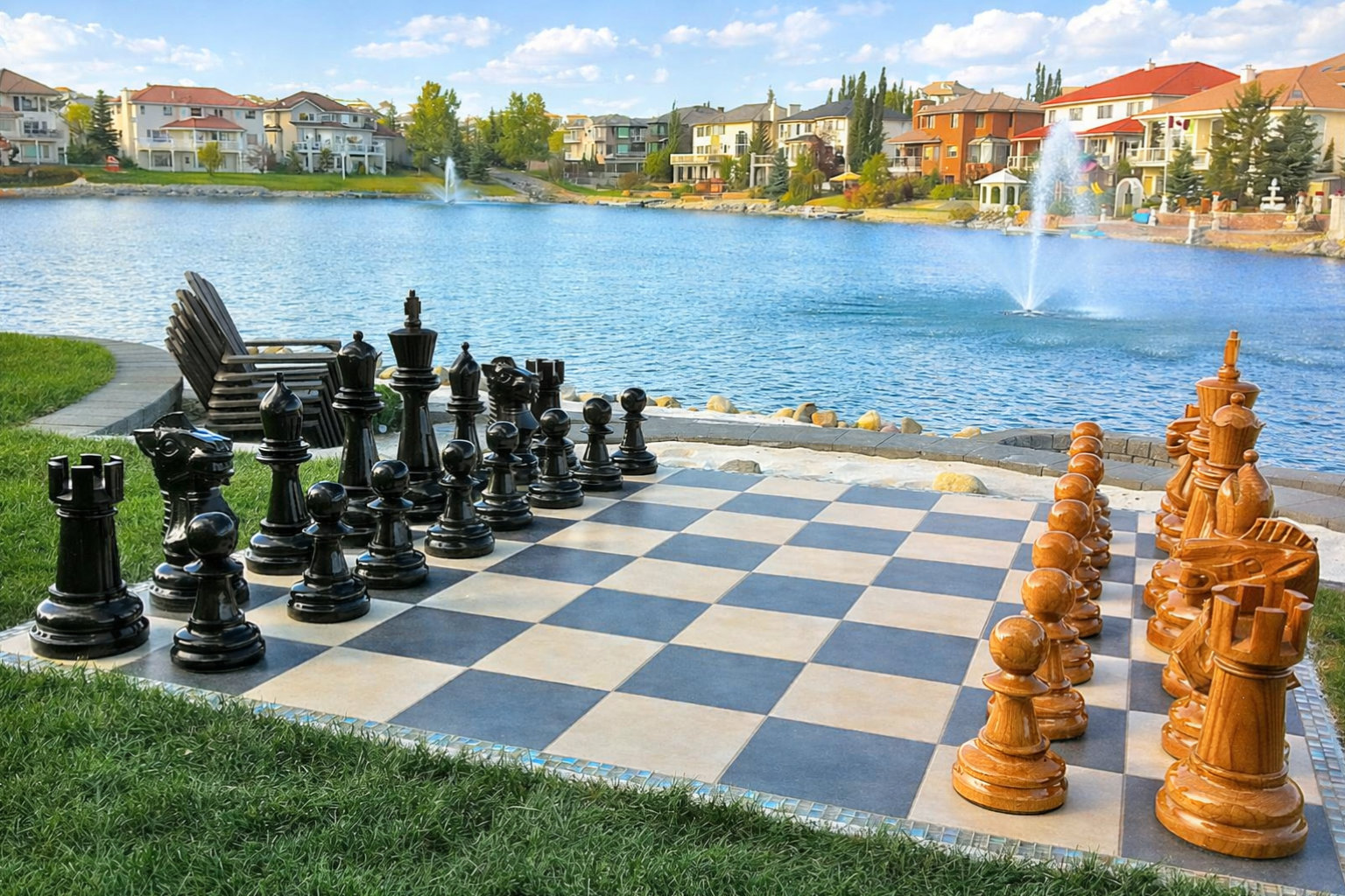 Architectural Giant Chess Design oversized outdoor chess set in luxury tropical resort environment