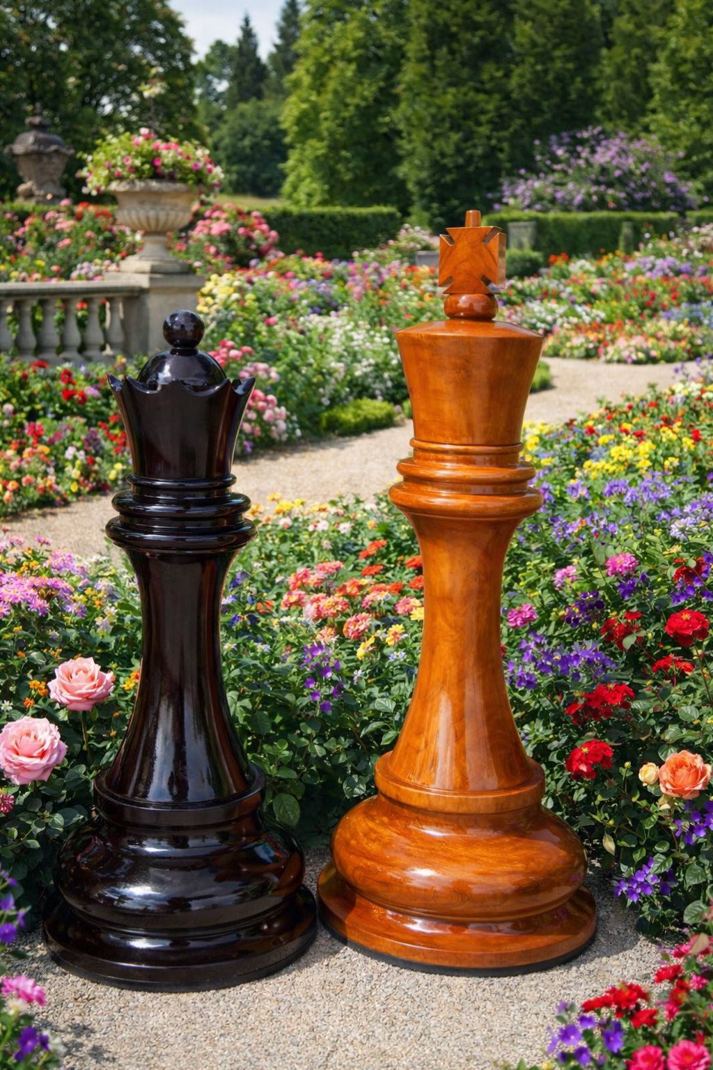 Elegant Outdoor Chess Collection oversized outdoor chess set in luxury tropical resort environment