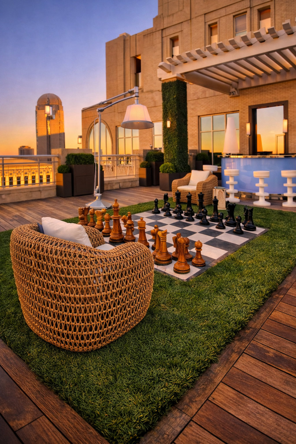 Modern Luxury Chess Lifestyle oversized outdoor chess set in luxury tropical resort environment