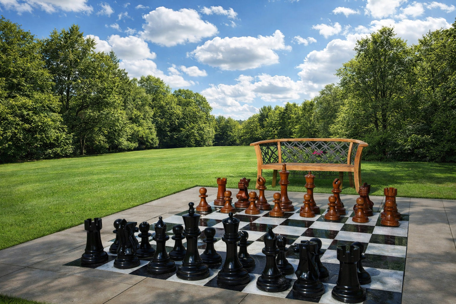 Premium Garden Chess Installation oversized outdoor chess set in luxury tropical resort environment