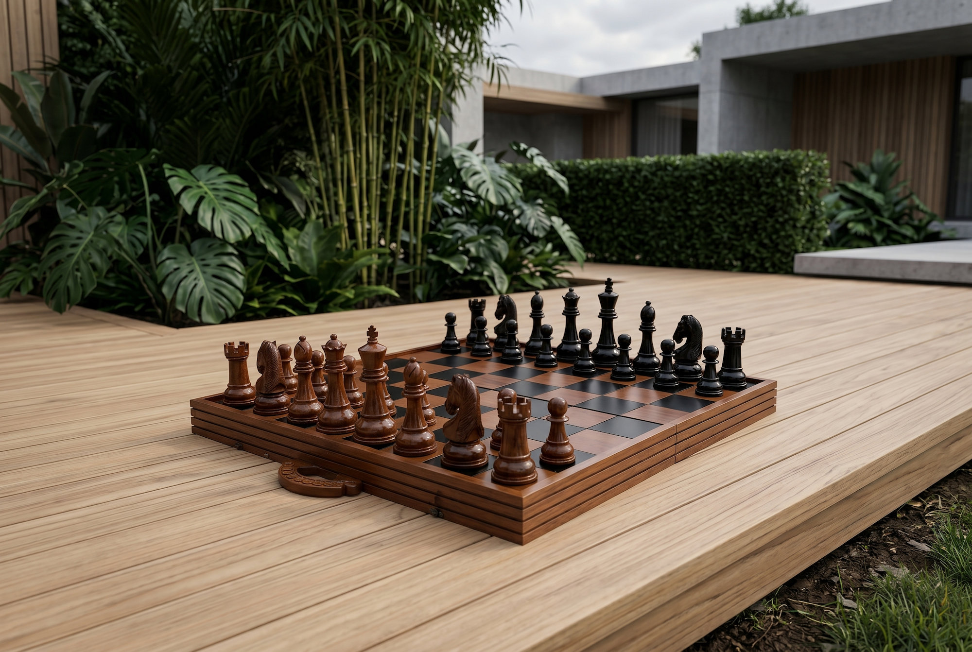 Architectural Giant Chess Design oversized outdoor chess set in luxury tropical resort environment