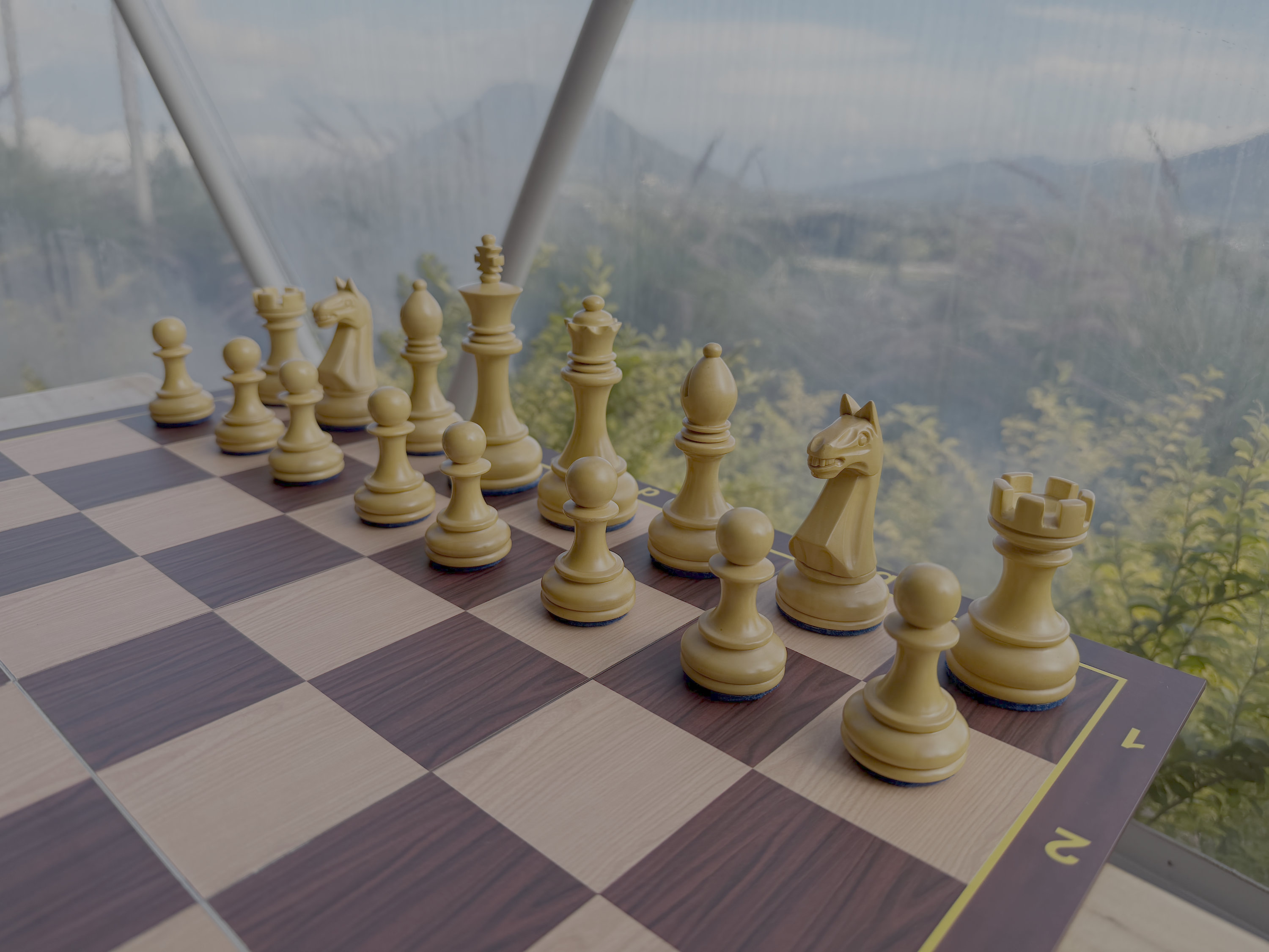 Modern Luxury Chess Lifestyle oversized outdoor chess set in luxury tropical resort environment