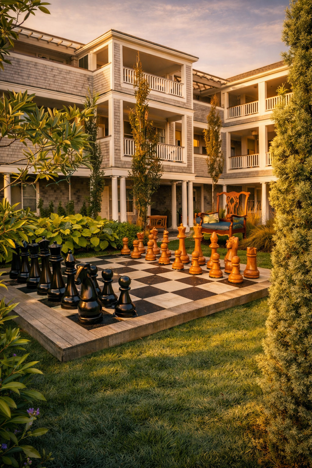 Architectural Giant Chess Design oversized outdoor chess set in luxury tropical resort environment