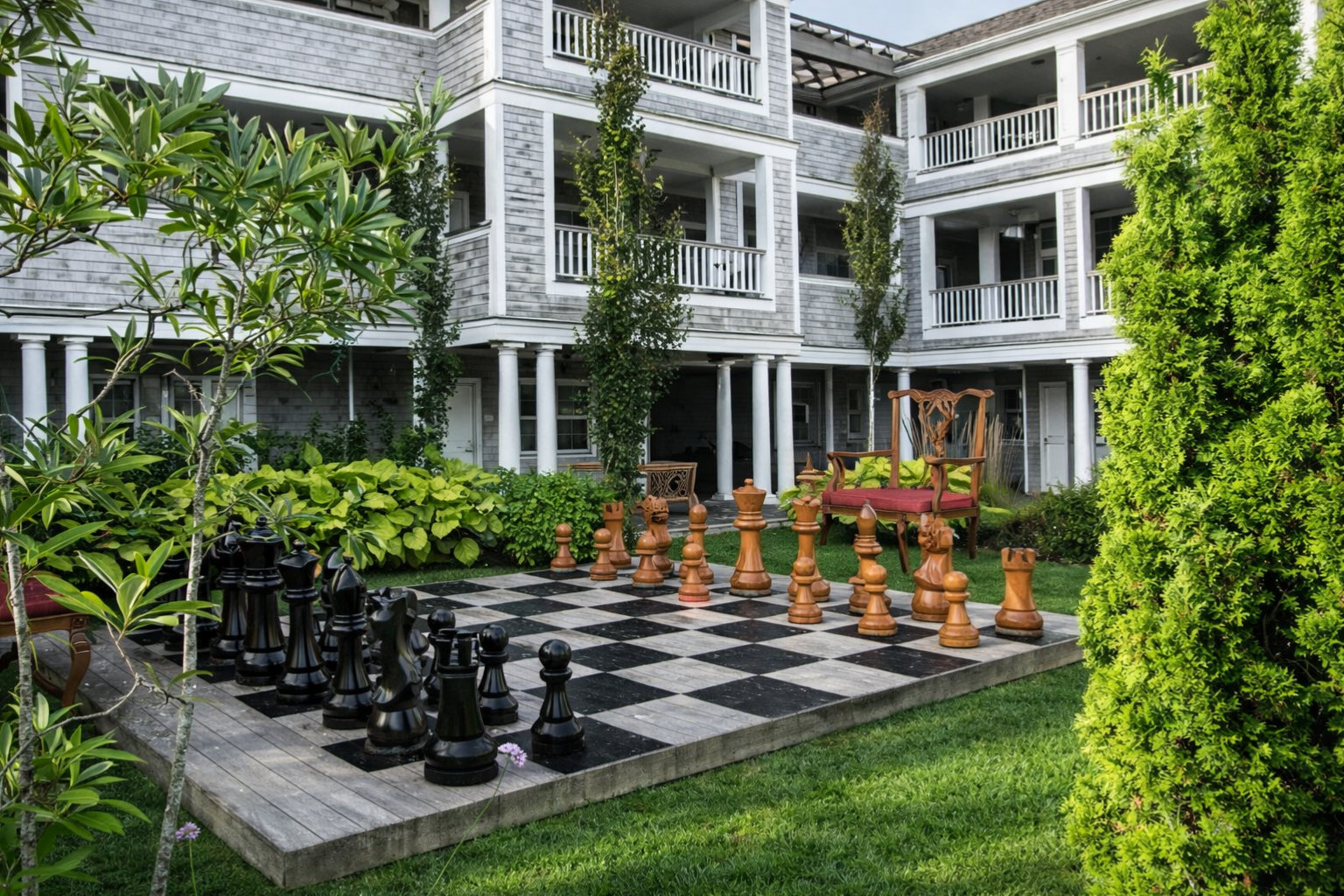 Modern Luxury Chess Lifestyle oversized outdoor chess set in luxury tropical resort environment