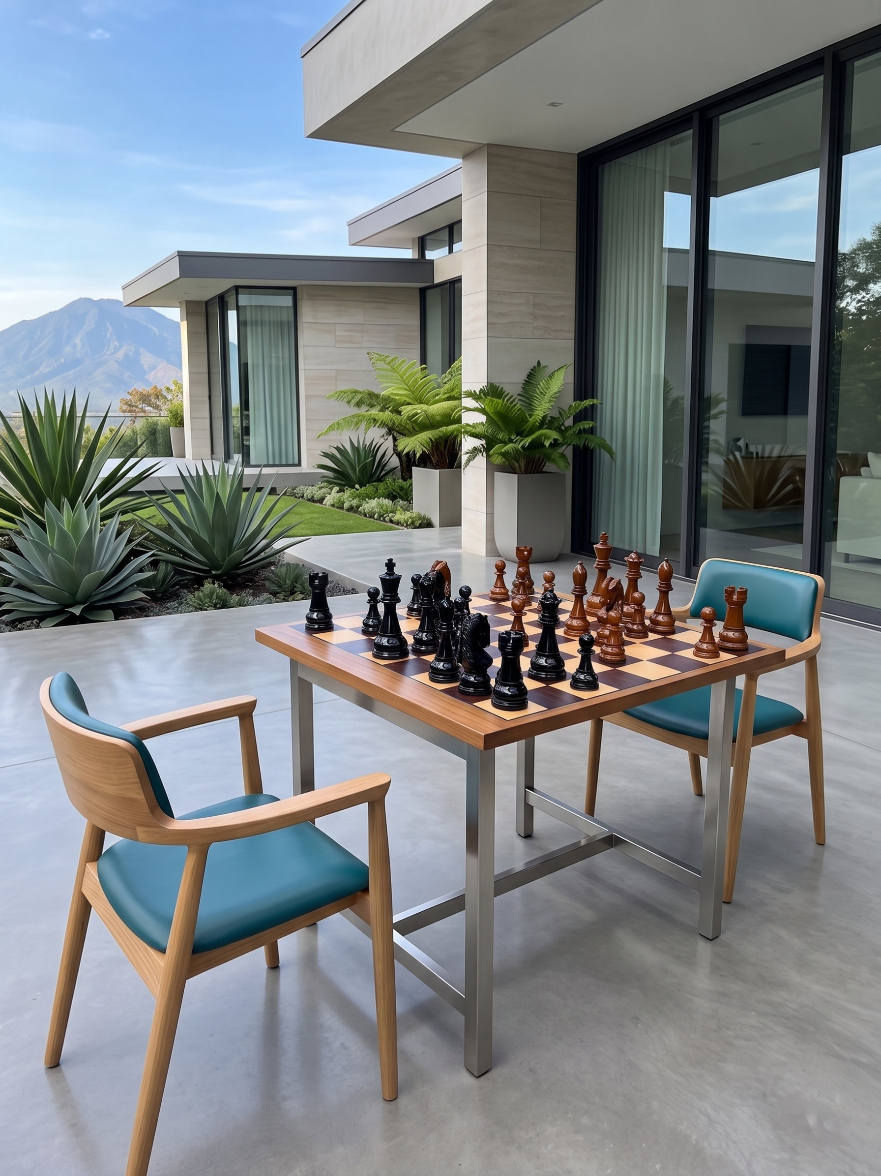 Tropical Giant Chess Escape oversized outdoor chess set in luxury tropical resort environment