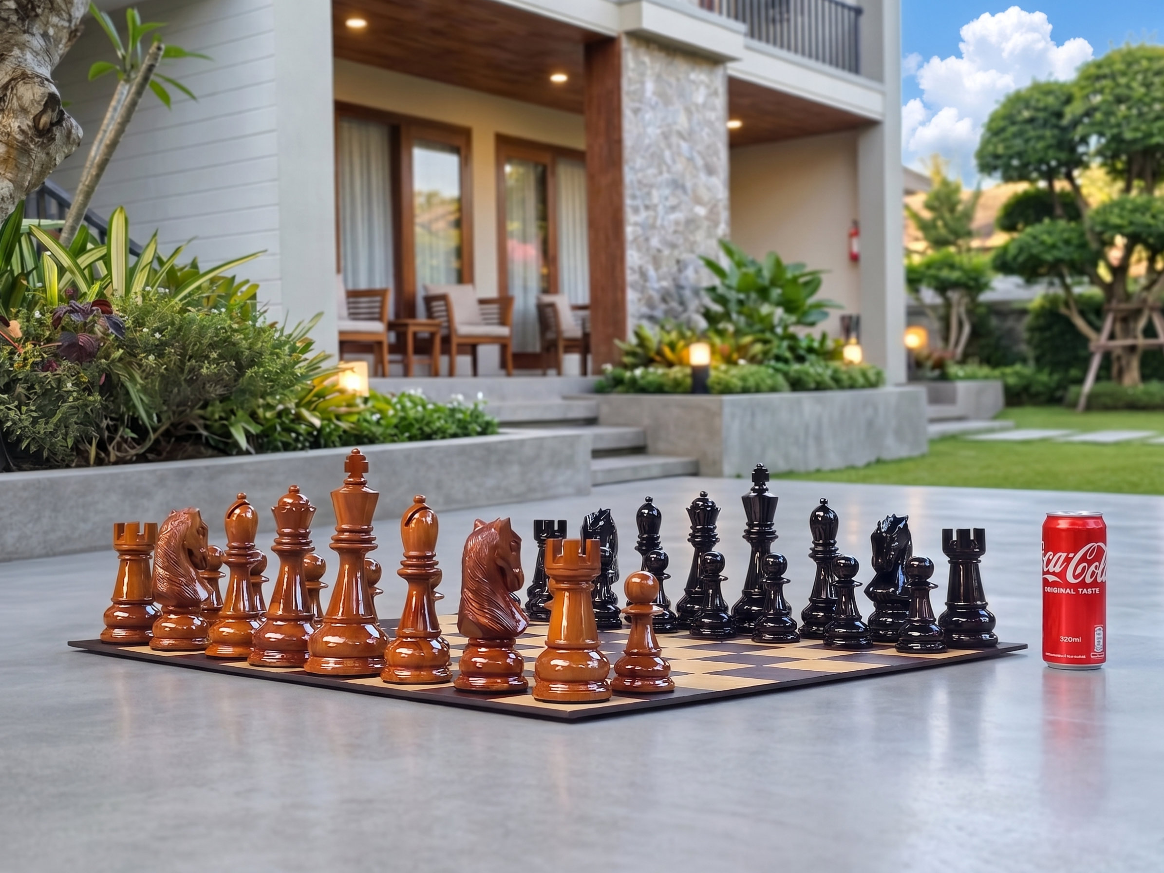 Architectural Giant Chess Design oversized outdoor chess set in luxury tropical resort environment