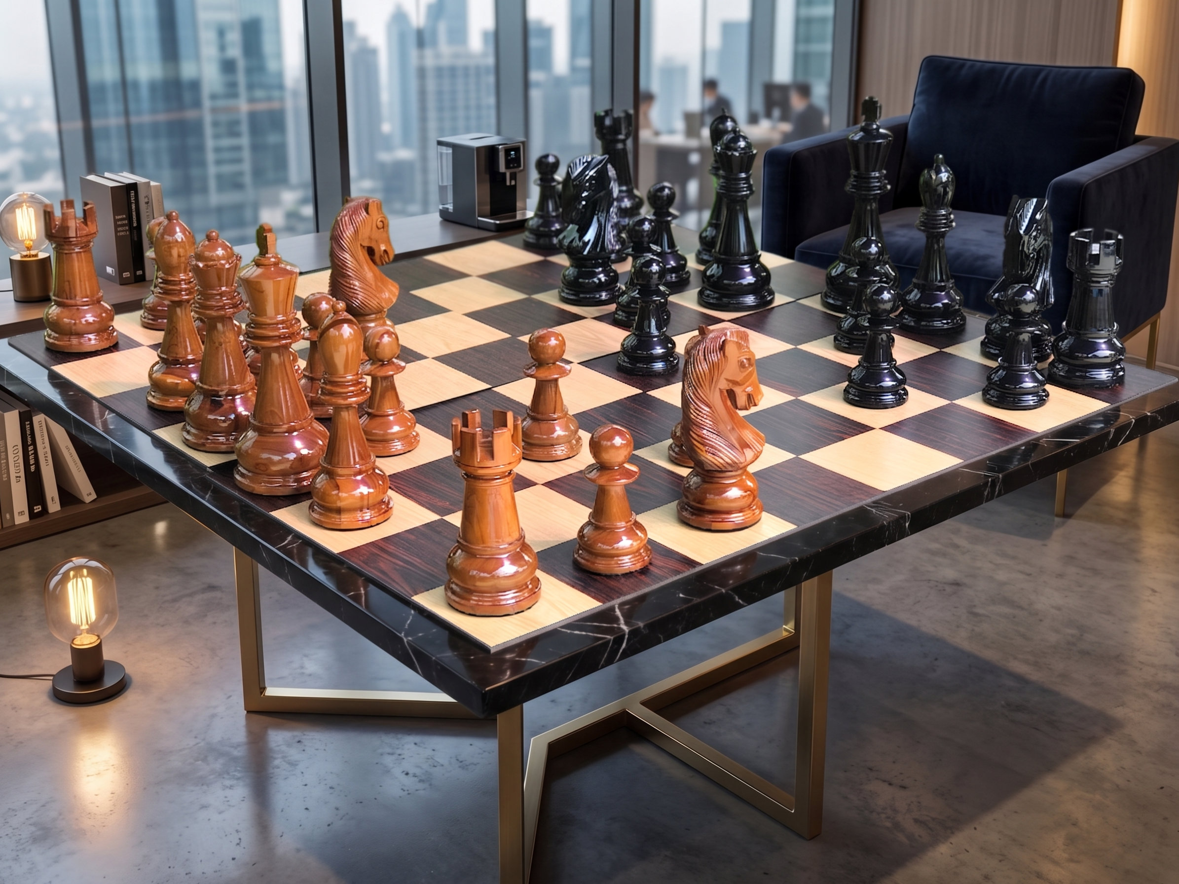 Elegant Outdoor Chess Collection oversized outdoor chess set in luxury tropical resort environment