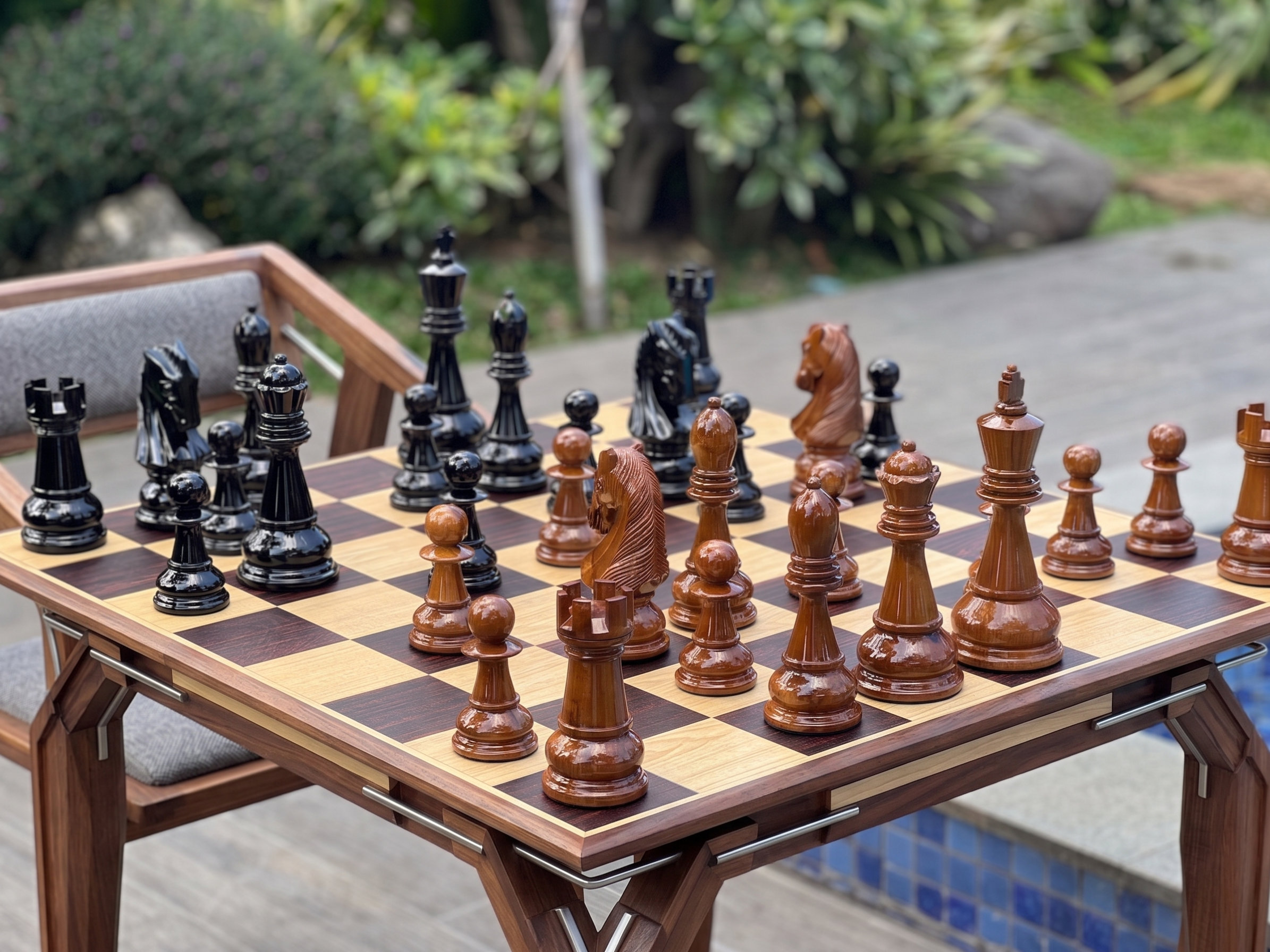 Tropical Giant Chess Escape oversized outdoor chess set in luxury tropical resort environment