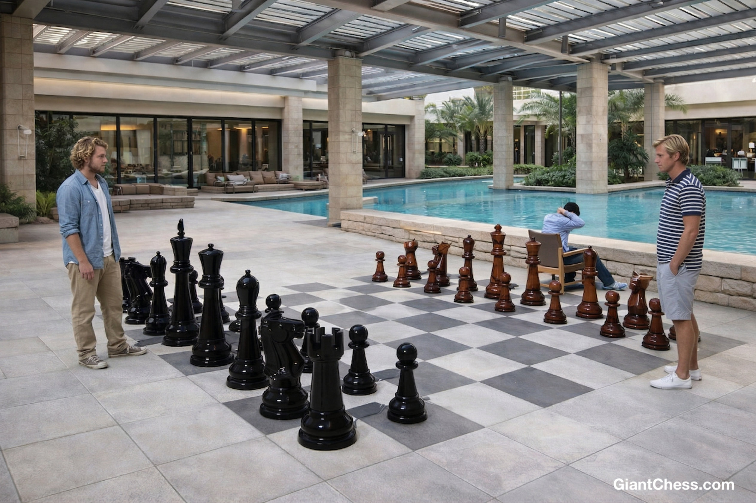 Handcrafted Giant Chess Showcase oversized outdoor chess set in luxury tropical resort environment