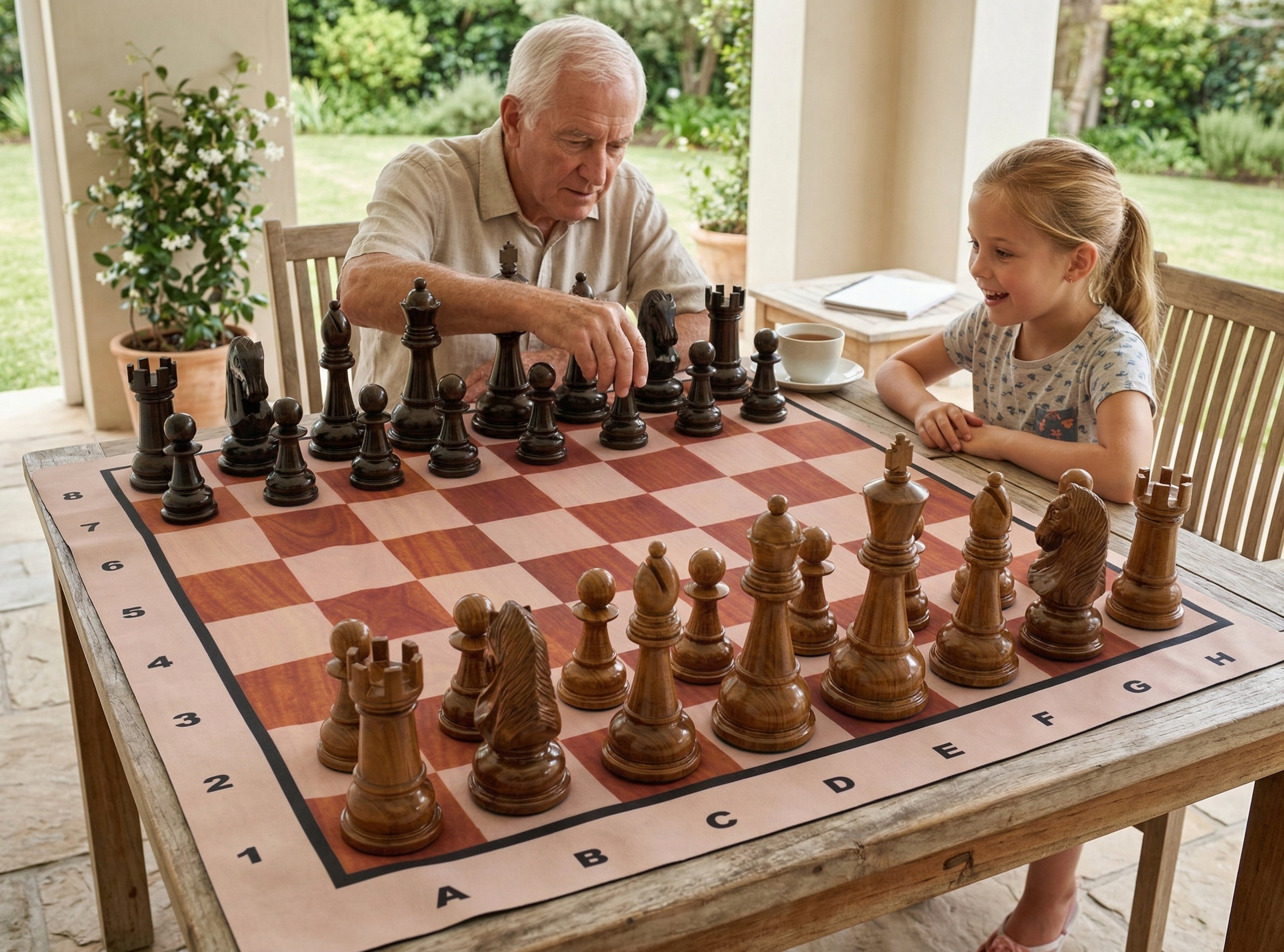 Tropical Giant Chess Escape oversized outdoor chess set in luxury tropical resort environment