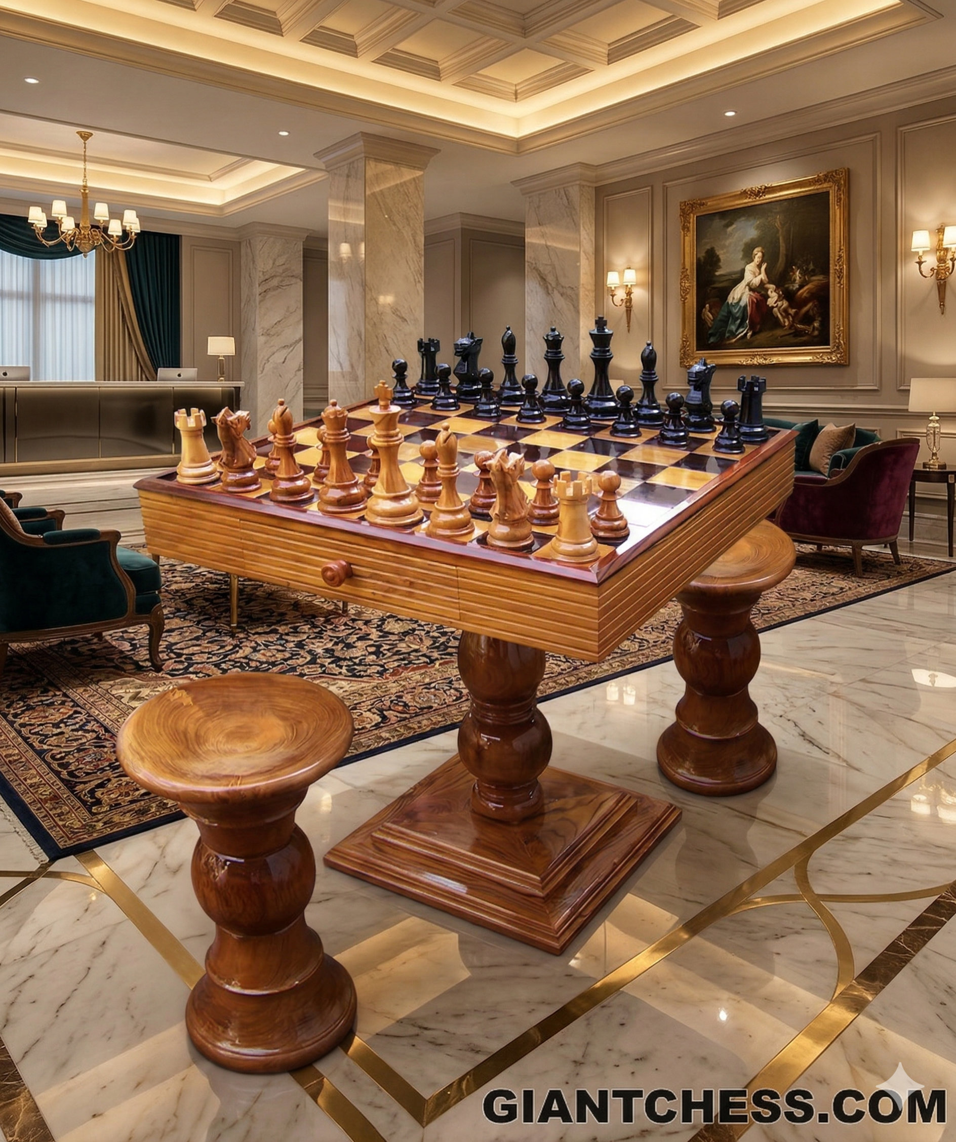 Modern Luxury Chess Lifestyle oversized outdoor chess set in luxury tropical resort environment
