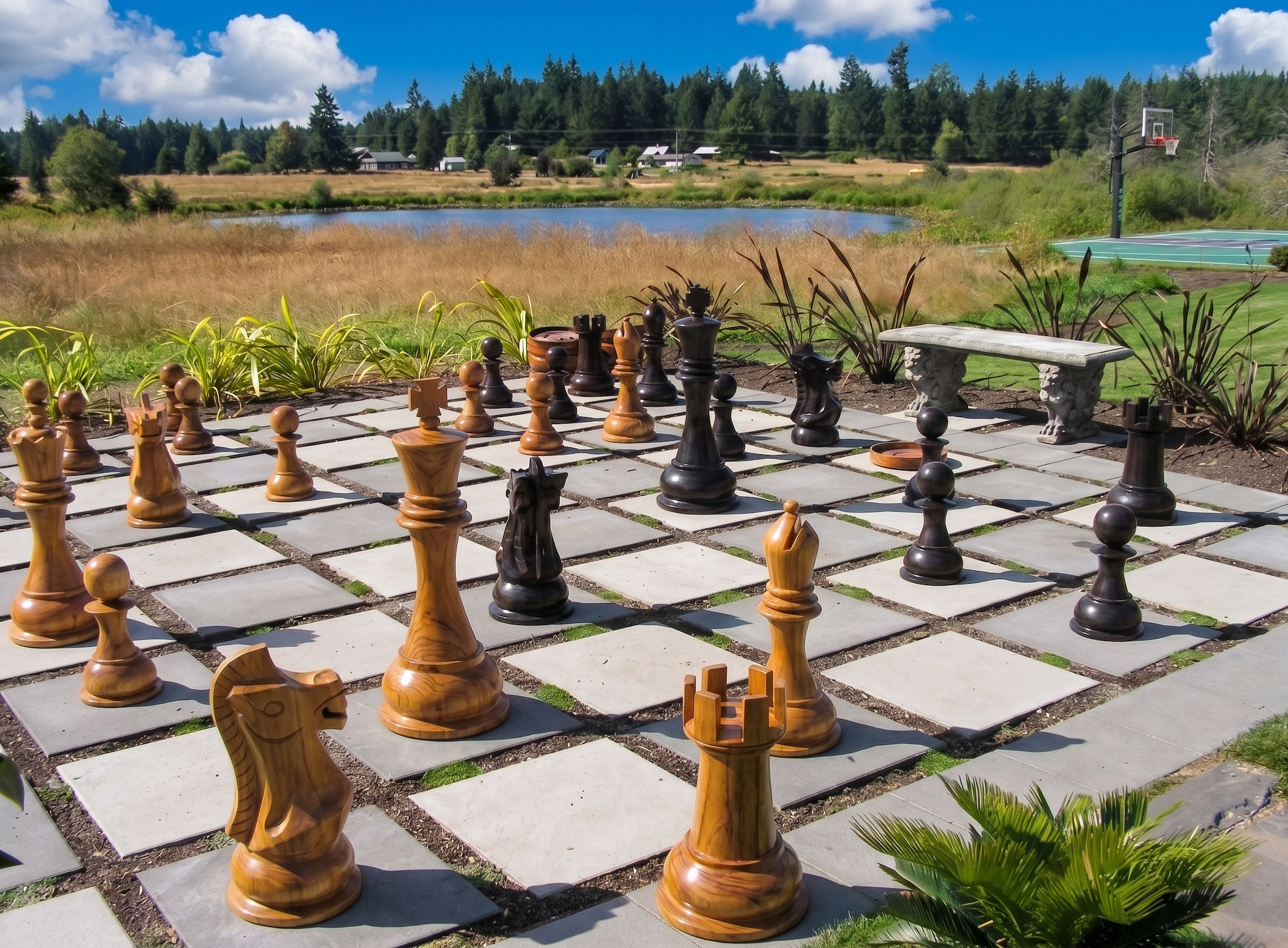 Tropical Giant Chess Escape oversized outdoor chess set in luxury tropical resort environment