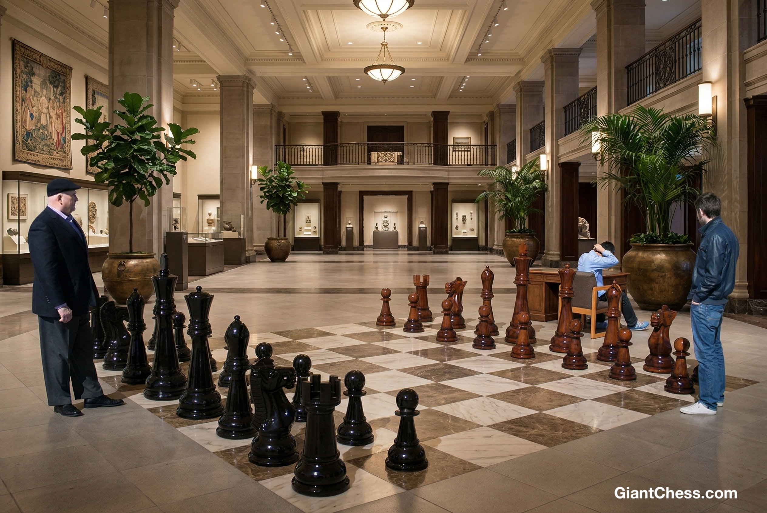 Elegant Outdoor Chess Collection oversized outdoor chess set in luxury tropical resort environment