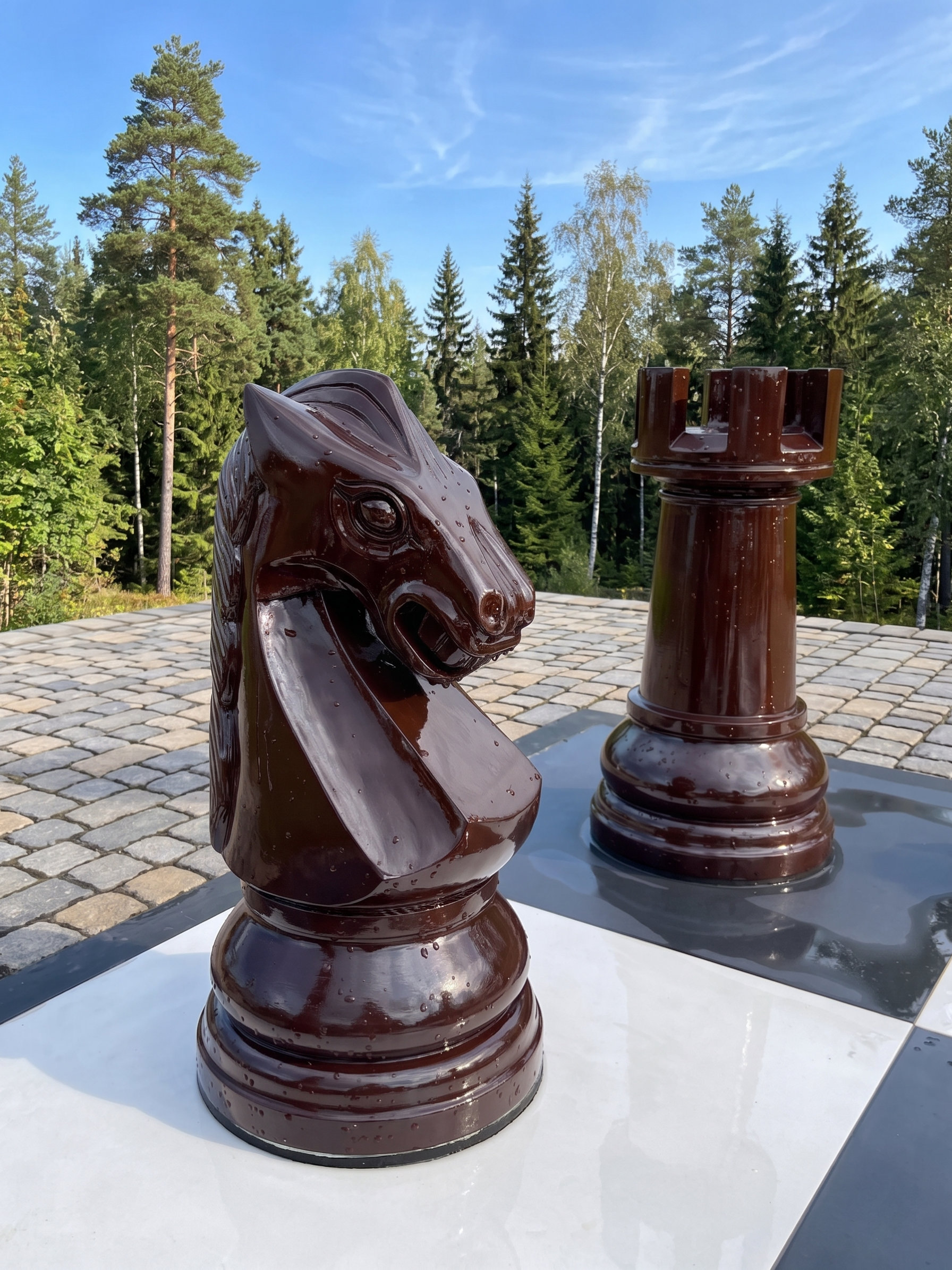 Elegant Outdoor Chess Collection oversized outdoor chess set in luxury tropical resort environment