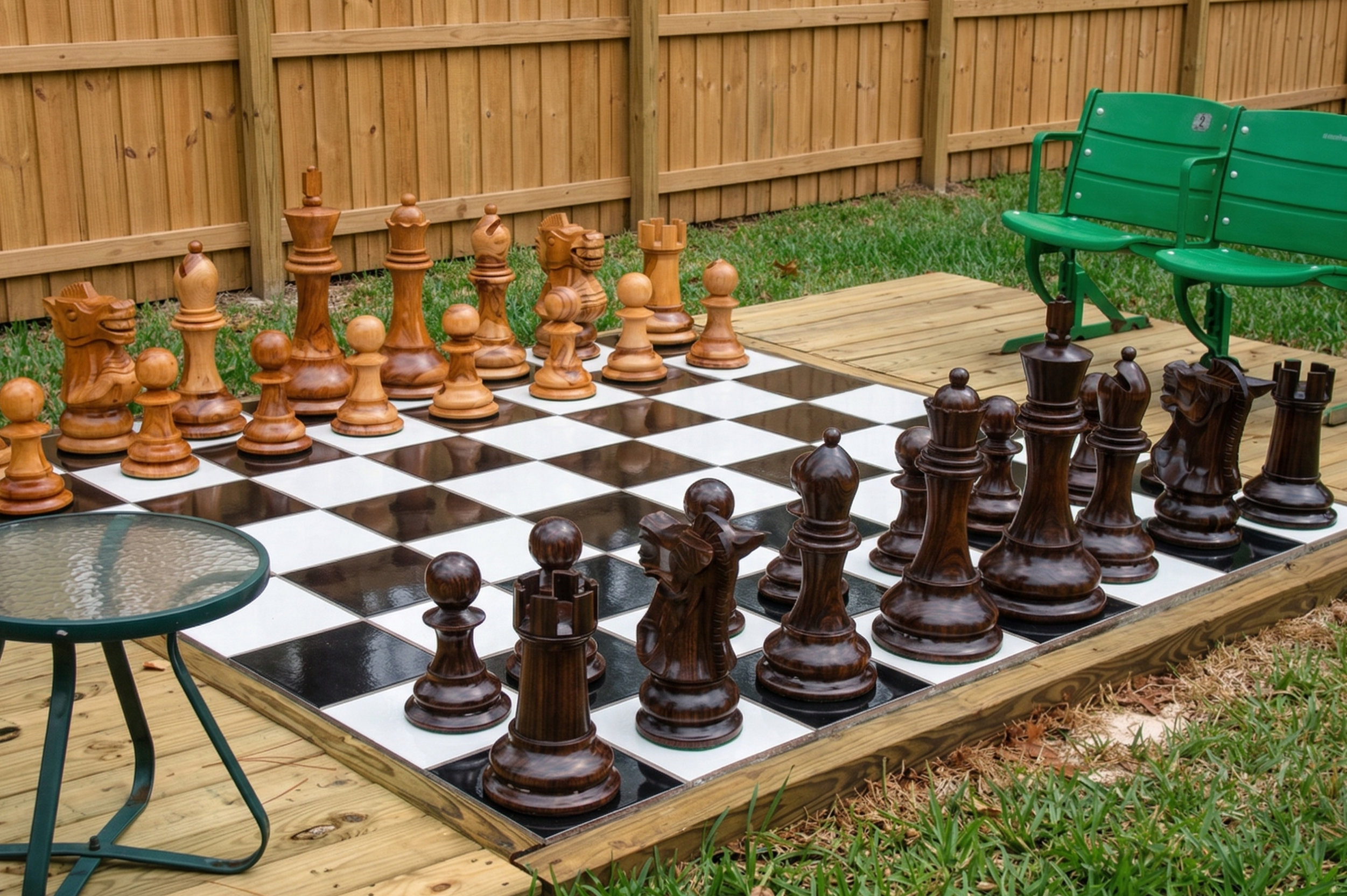 Elegant Outdoor Chess Collection oversized outdoor chess set in luxury tropical resort environment
