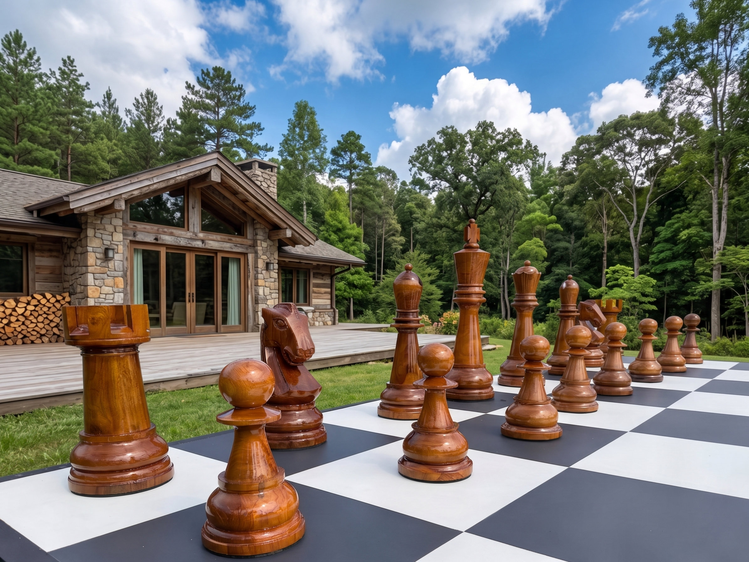 Elegant Outdoor Chess Collection oversized outdoor chess set in luxury tropical resort environment