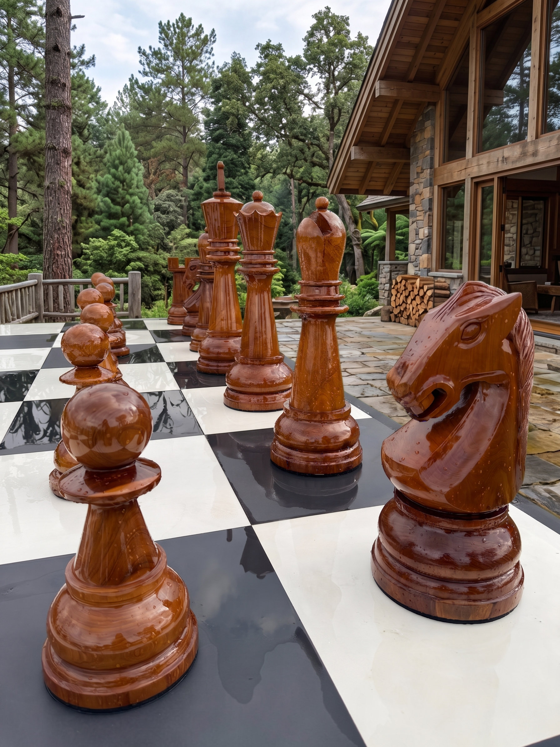 Modern Luxury Chess Lifestyle oversized outdoor chess set in luxury tropical resort environment